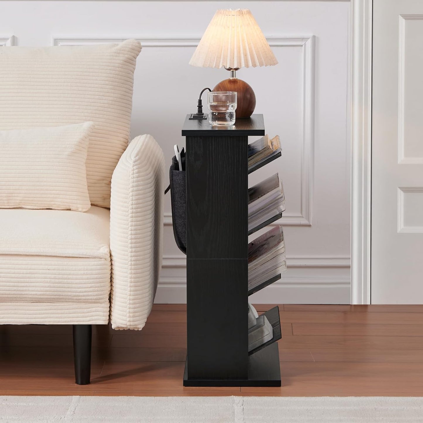 Narrow Side Table with Charging Station Slim End Table with Magazine Book Holder Organizer Rack & Storage Bag, Small Space Skinny Thin Nightstand Couch Sofa Bed Side Table for Bedroom, Living Room