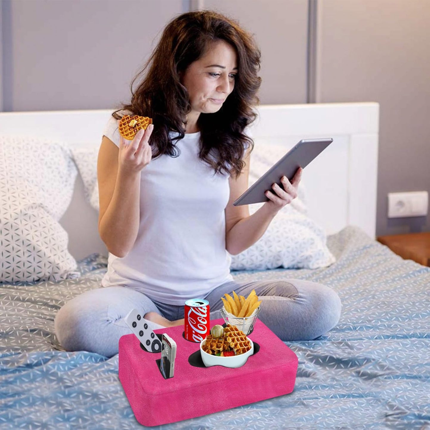 Couch Bed Cup Holder Pillow, Nisdoing 5 Hole Couch Drink Holder! Keep Drinks Hand Side and KeepTemp, Prevent Spills and Use Anywhere. Cup Holder for Couch, Bed,Camping,RV,Car,Beach.Pink
