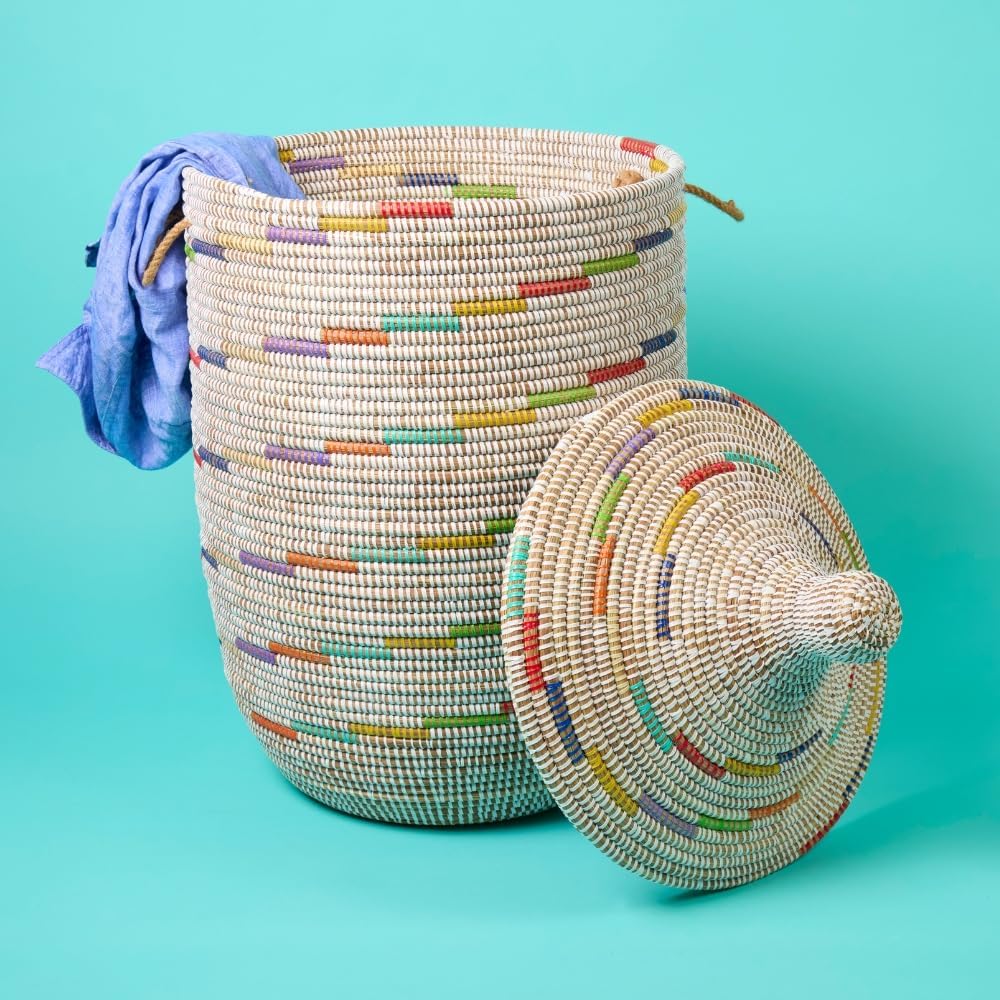 Tall Large Decorative Wicker Storage Basket with Lid, Laundry Hamper, Blanket Storage, Toys Bin, Clothes Holder, Boho Style (Colors White)