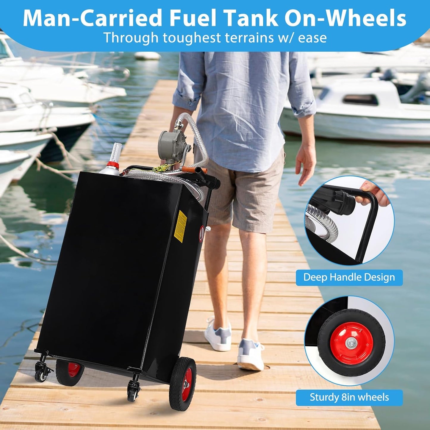 30 Gallon Gas & Diesel Fuel Caddy with Transfer Pump – Mobile Fuel Storage Tank with 4-Wheel Cart for Boats, Lawn Mowers, Snowblowers, Motorcycles & Construction Equipment - Black