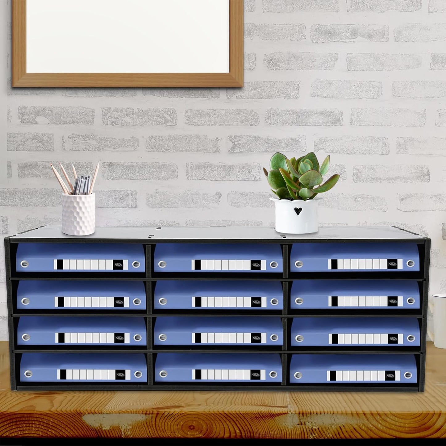 12 Compartments Literature Organizer, Desktop File Sorter Mail Center Paper Storage Cabinet Classroom Mailbox for Files Documents Papers Magazines(White) (Black 12 Slots)