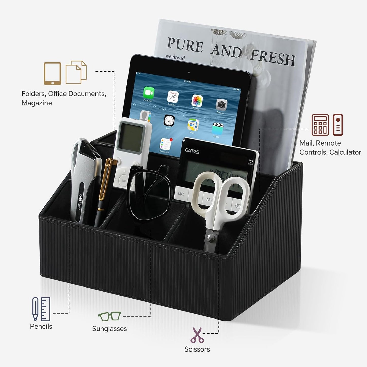 Remote Control Holder with 5 Compartments for Office Art Supplies, PU Leather Nightstand Organizer Pencil Pen Desk Caddy for Home, Desktop TV Remote Control Organizer Storage (Striped Black)