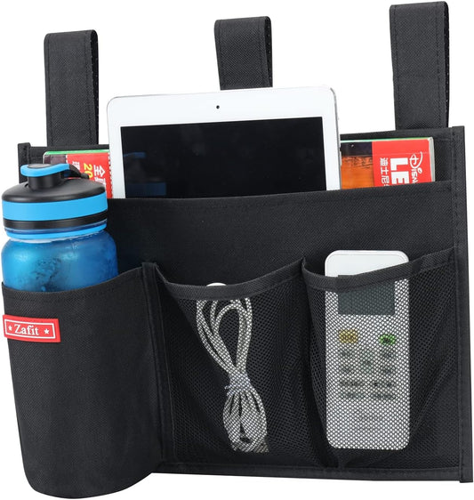 Hanging Bedside Caddy, Bedside Storage Organizer for Magazine, Phone, Remote control (4 Pockets-Black)
