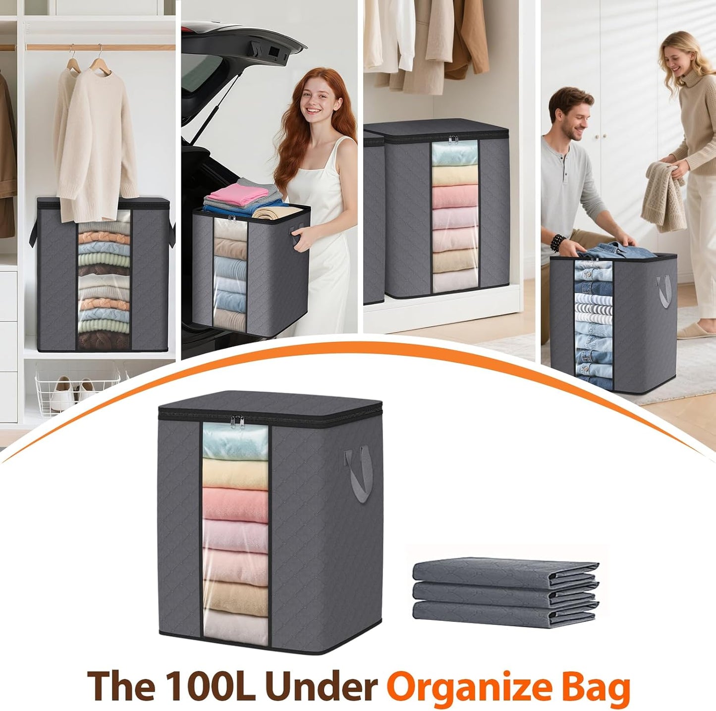 SpaceWhisper 4 Pack 100L Clothes Storage, Foldable Thick Fabric Blanket Storage Bags, Containers for Organizing Bedroom, Closet, Clothing, Comforter,Closet Organization with Handle,Grey