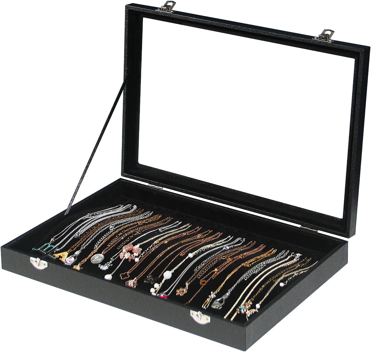 Coward 20 Hooks Necklace Organizer Jewelry Box, Dustproof Necklace Display Holder Case, Black Velvet Necklace Display Tray Case with Transparent Glass Lid for Home Use or Store Selling Show