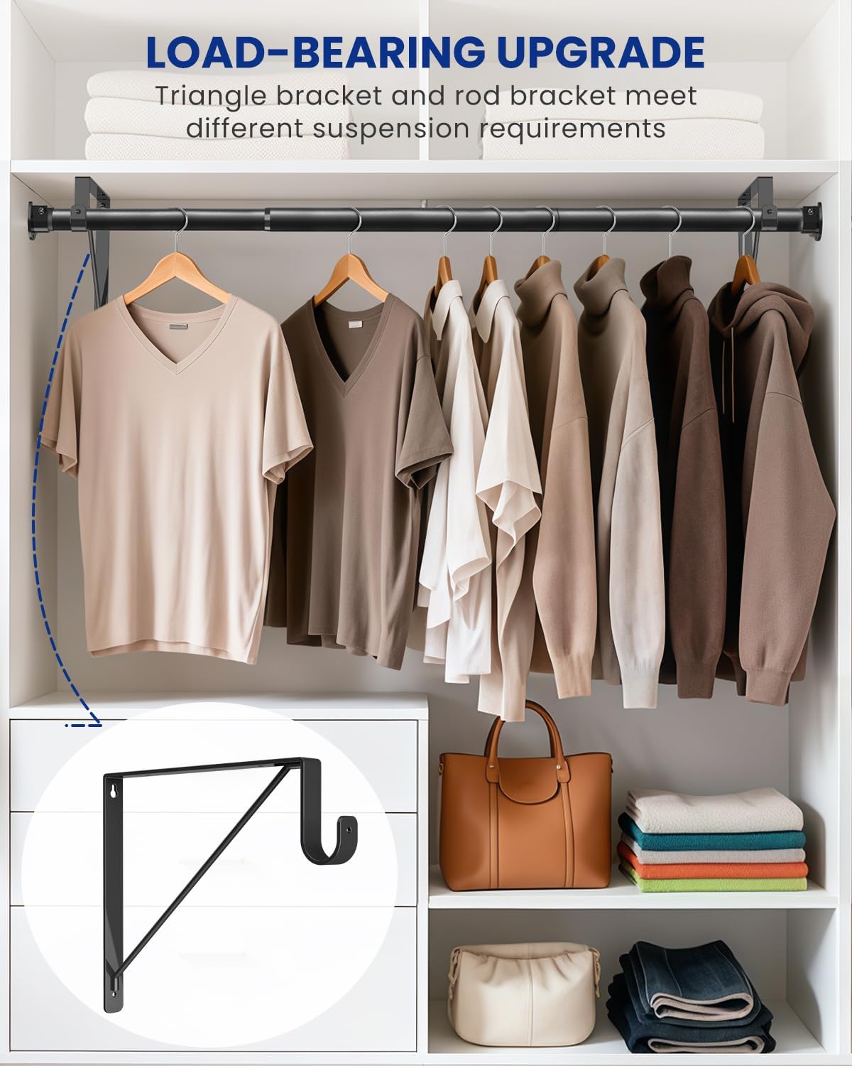 Closet Rods for Hanging Clothes with Triangular Brackets, 17 to 39 Inches Stepless Adjustable Closet Rod, 1.3 Inch Heavy Duty Closet Rod for Closet Wardrobe Laundry RV (Without Board/Black)