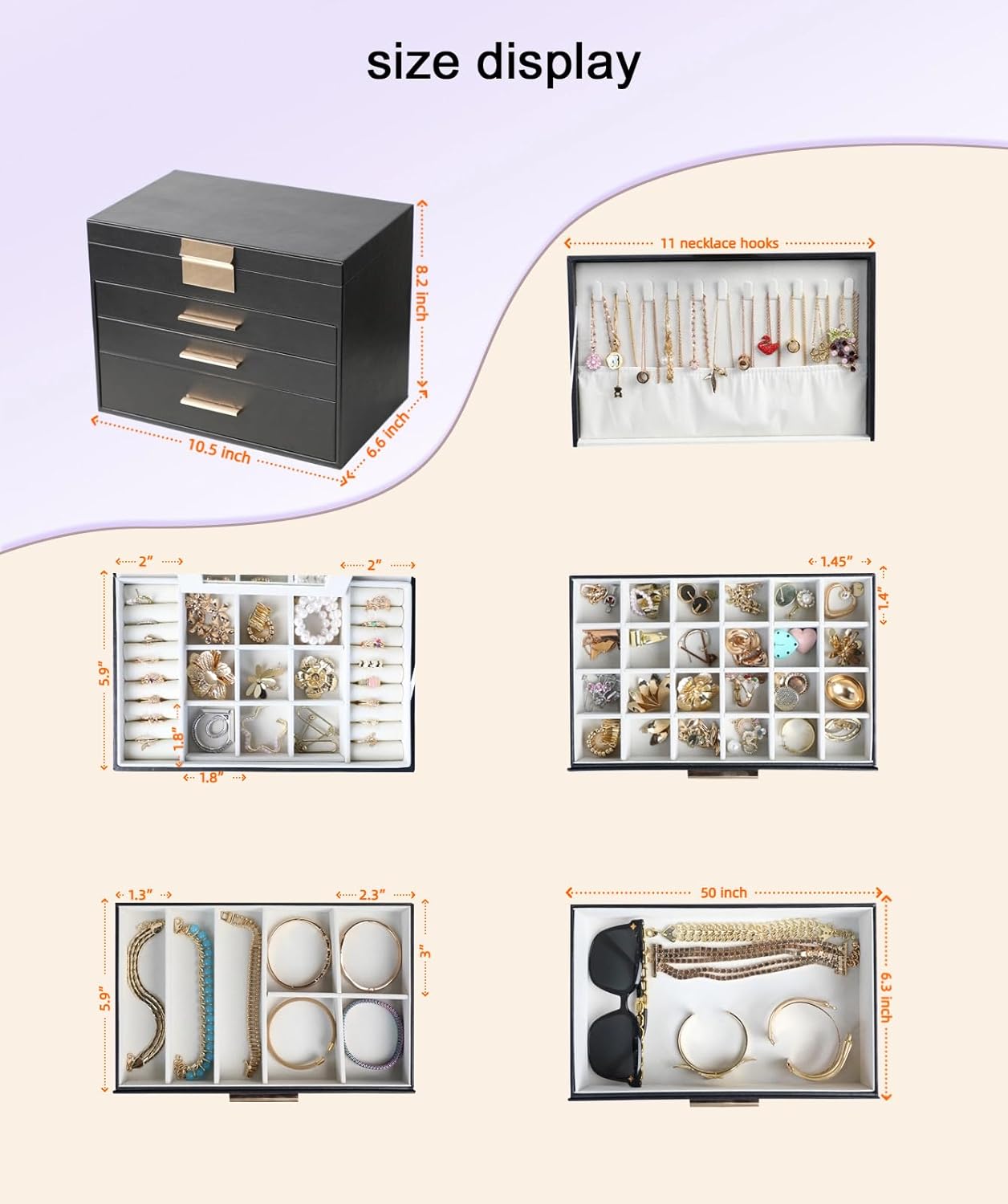 BOOVO Jewelry Boxes for Women, 5 Layer Jewelry Organizer with Necklace Hanger and Drawers, Large Jewelry Box for Earrings, Necklace and Bracelet Storage Gifts for Women and Girls (Black, 5 Layer)