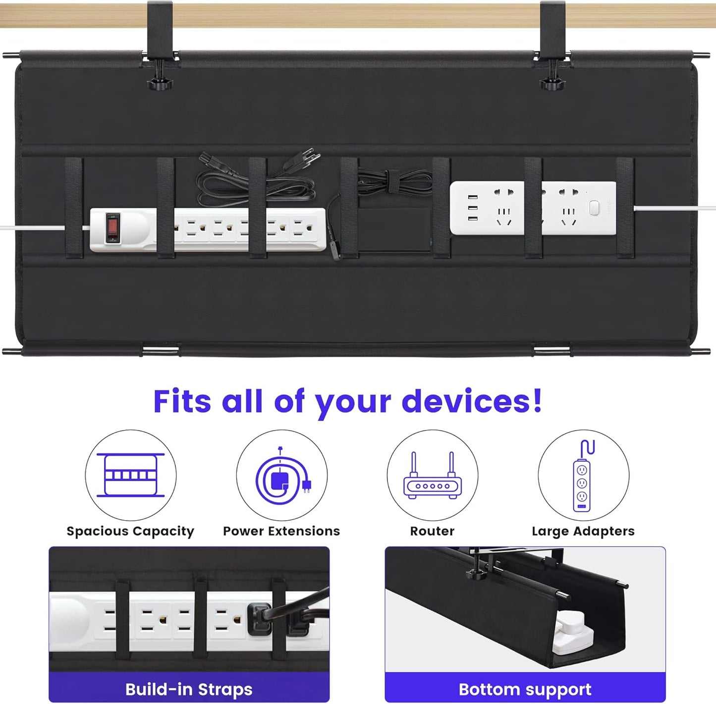 Under Desk Cable Management Tray, Clamp-On Cord Organizer，No Drilling Required, Holds Up to 22 lbs, for Cords, Routers, Power Strips (Black, 28.4inch)