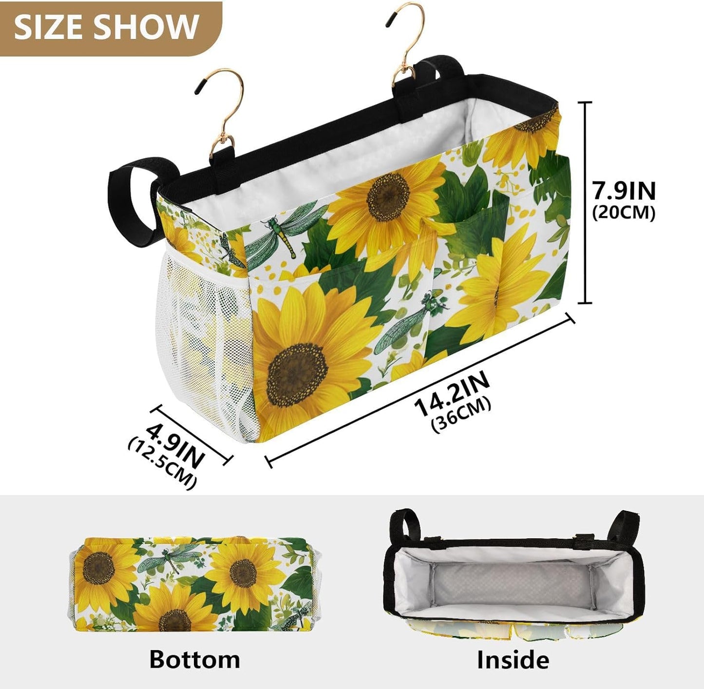 Cute Yellow Sunflowers and Dragonflies Bedside Caddy for Dorm Bed Bedside Hanging Caddy Bag Iron Frame Storage Organizer Pocket for Bunk Home College Hospital Beds 2 Hooks