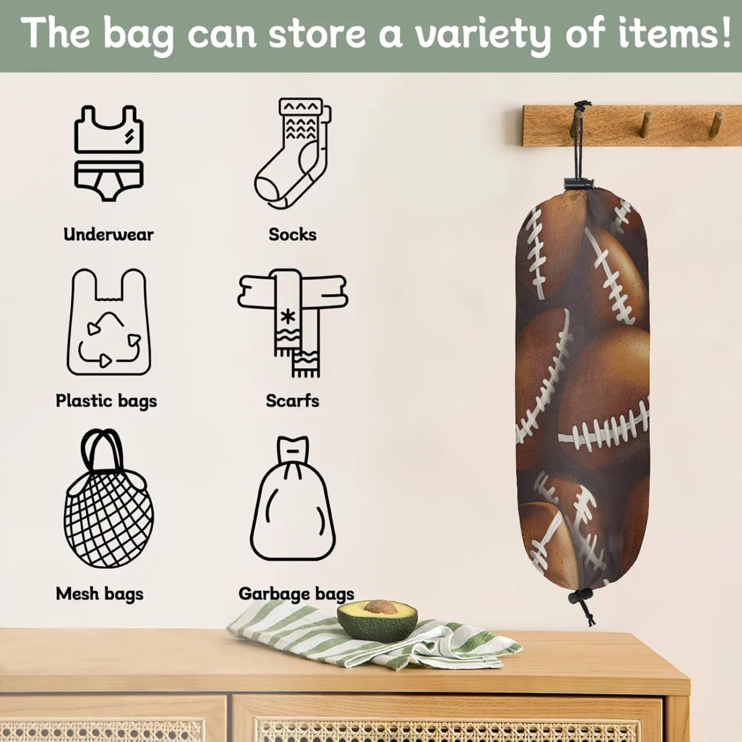 American Football Plastic Bag Holder 2 Pcs Grocery Bag Organizer Reusable Trash Bags Organizer Wall Mount Washable Kitchen Dispenser Holders with Drawstring Closure