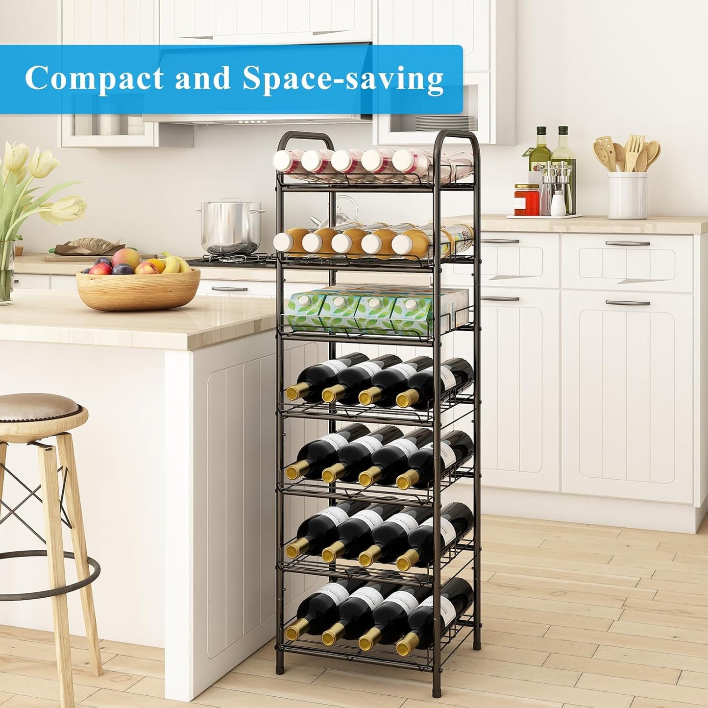 GILLAS 3 5 6 7 8 Tier Drink Organizer, Water Bottle Organizer, Metal Beverage Can Rack, Large Capacity Bottled Rack Water Bottle Holder Stand for Party, Cabinet, Countertop Kitchen, Black
