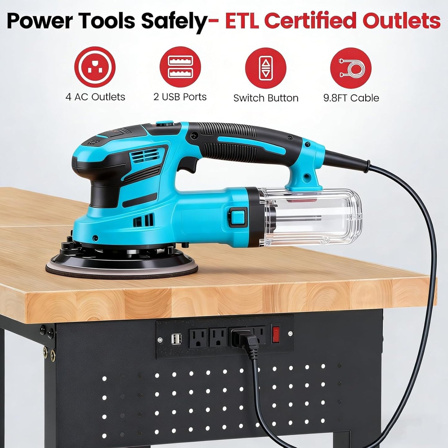 Work Bench 72 Inch Adjustable Height Workbench with Power Outlets & Extended Pegboard 5000 lbs Load Capacity Heavy Duty Work Table for Garage, Workshop, Home, Office