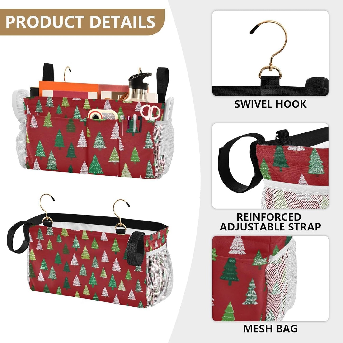 Christmas Trees White Green Bedside Caddy for Dorm Bed Bedside Hanging Caddy Bag Iron Frame Storage Organizer Pocket for Bunk Home College Hospital Beds 2 Hooks