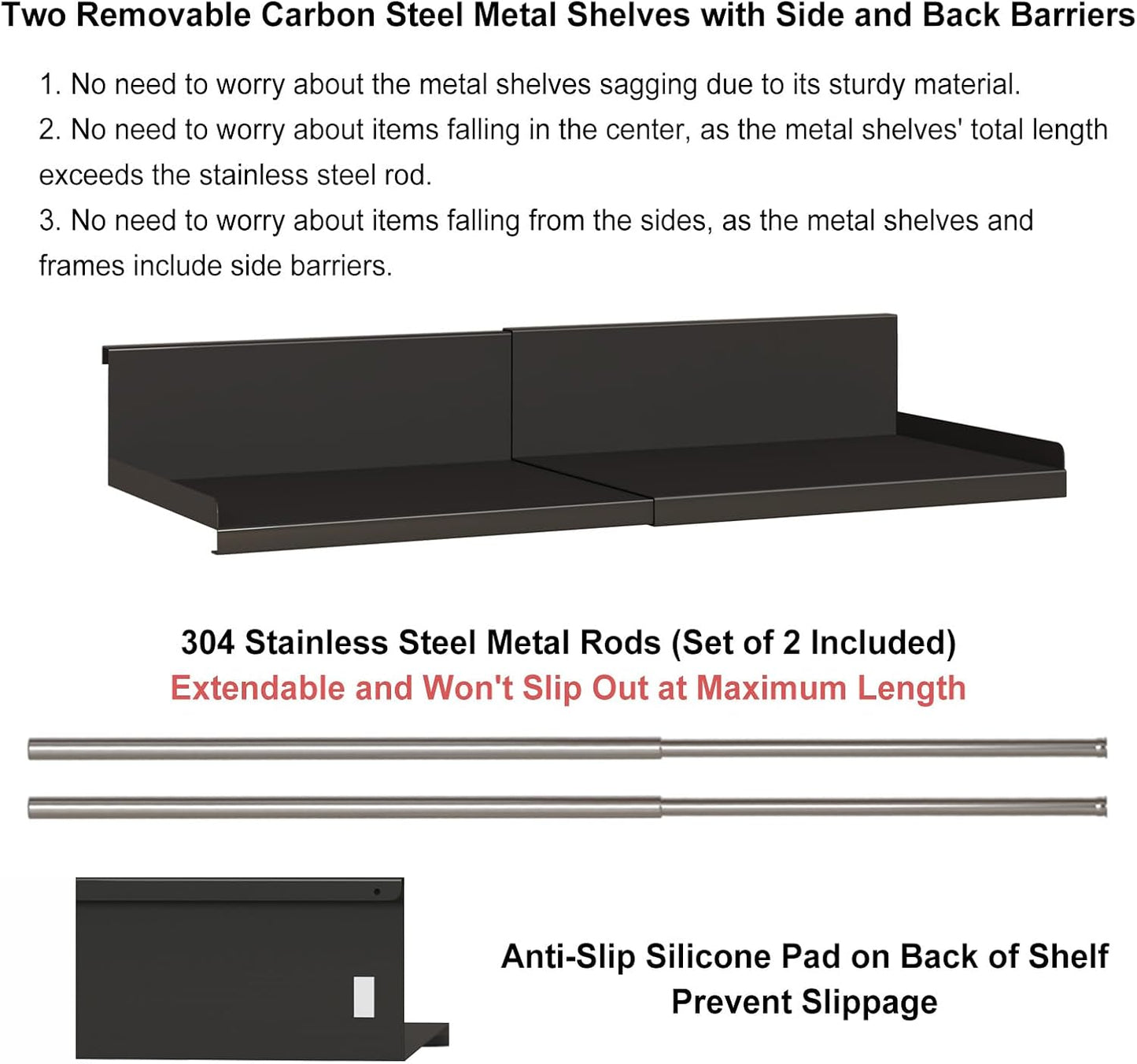 Expandable Under Cabinet Shelf Organizer with 0.94-Inch Thick Clips, Heavy Duty Extendable Under Shelf Storage Basket for Pantry or Laundry Room, Black, 2 Pack, Interior: 4.13" H x 7.2" D