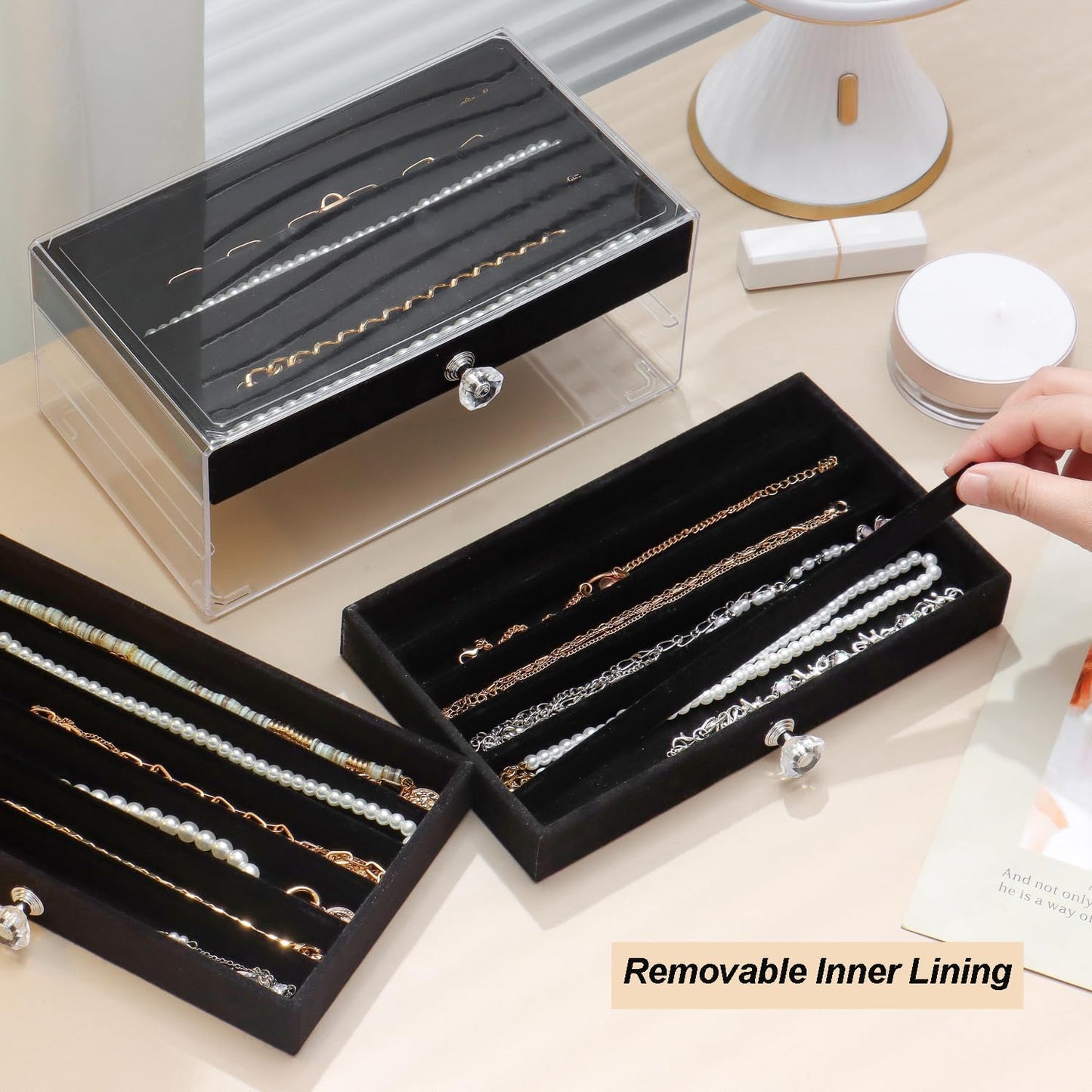 SPAKOWN Necklace Organizer Box, Velvet Necklace Box Holder Tray with Clear Lid Chains Showcase Stackable Necklace Storage for Pendant Bracelet (3 Drawers - Black)