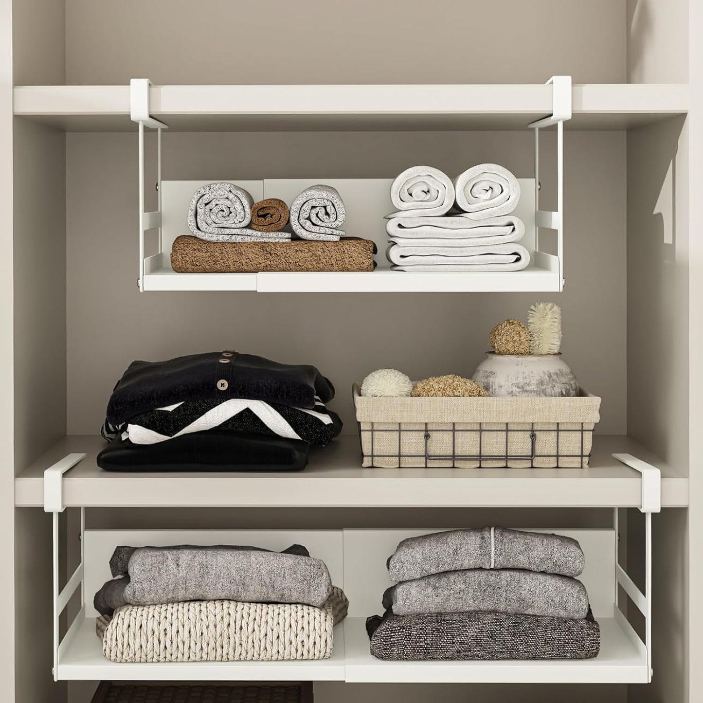 Expandable Under Cabinet Shelf Organizer with 0.94-Inch Thick Clips, Heavy Duty Extendable Under Shelf Storage Basket for Pantry or Laundry Room, White, 2 Pack, Interior: 4.13" H x 7.2" D