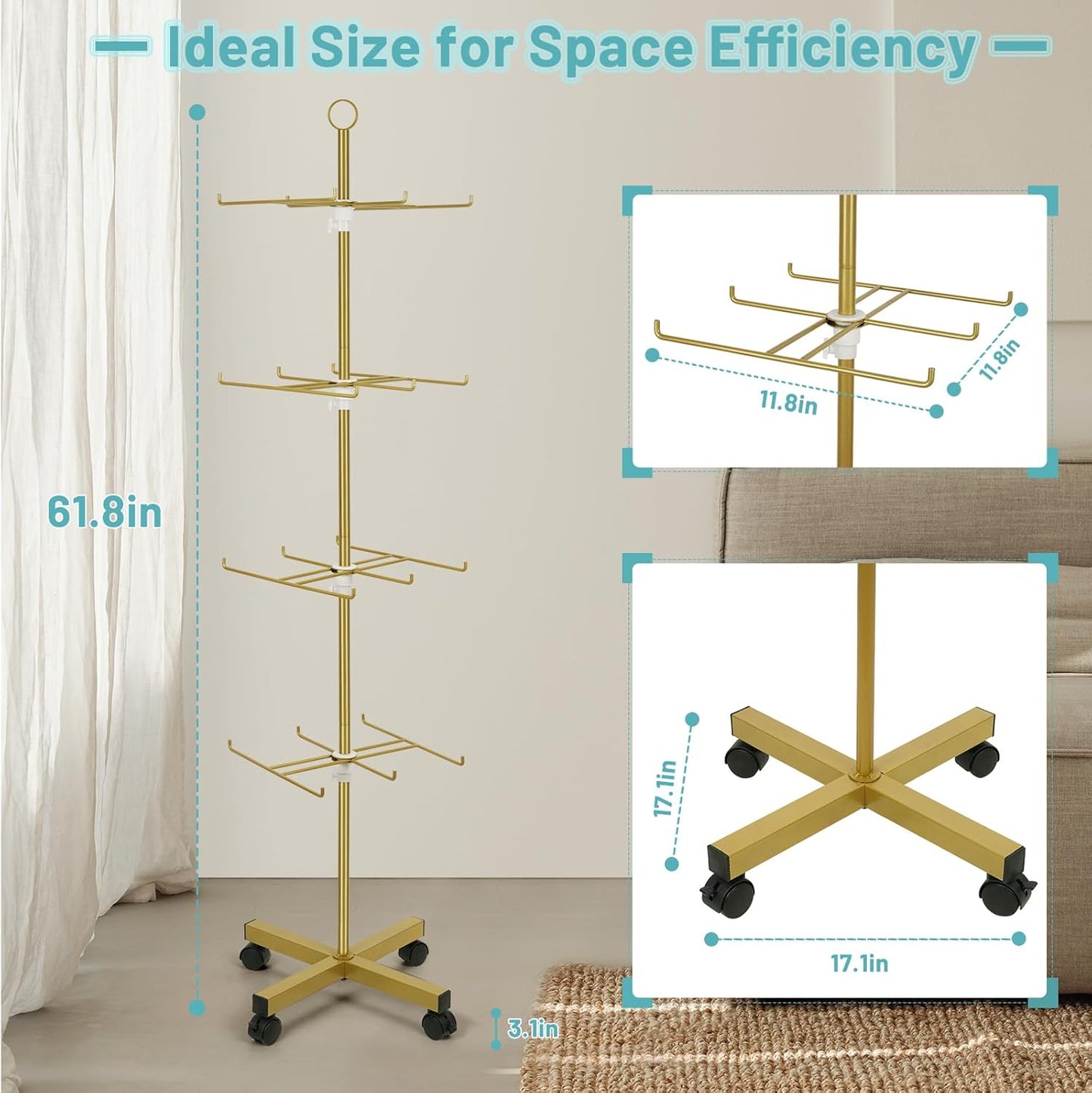 Retail Display Stand Rotating Display Stand 4 Tier Spinning Display Stand for Craft Shows, Jewelry, Keychain, Earring Adjustable Height Retail Display Racks (Gold)