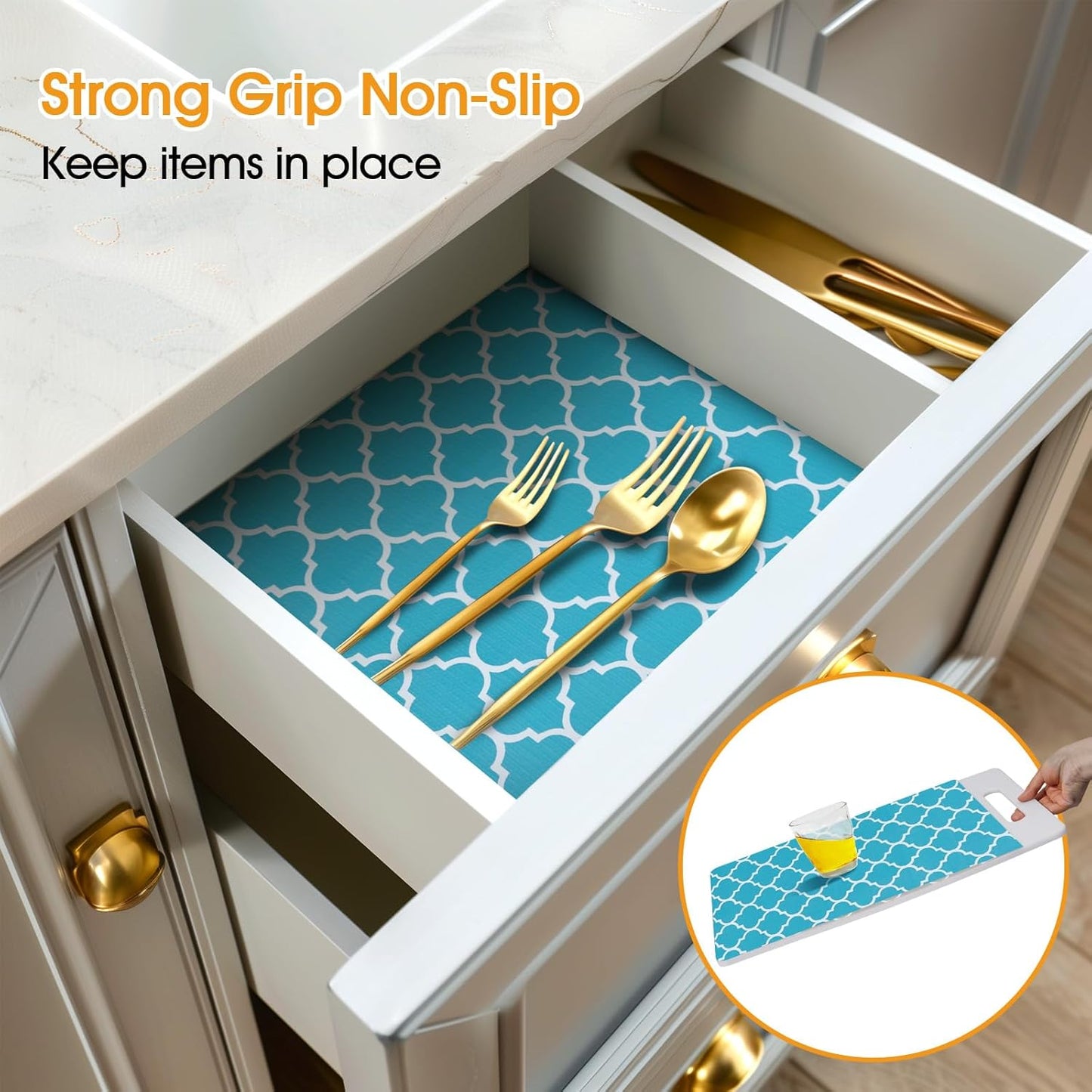 Shelf and Drawer Liner for Kitchen Cabinets Non-Adhesive, Strong Grip Non-Slip Thickened Cabinet Liners for Shelves, Waterproof Mats for Dresser Cupboard, Green/White, 17 in x 20 Feet