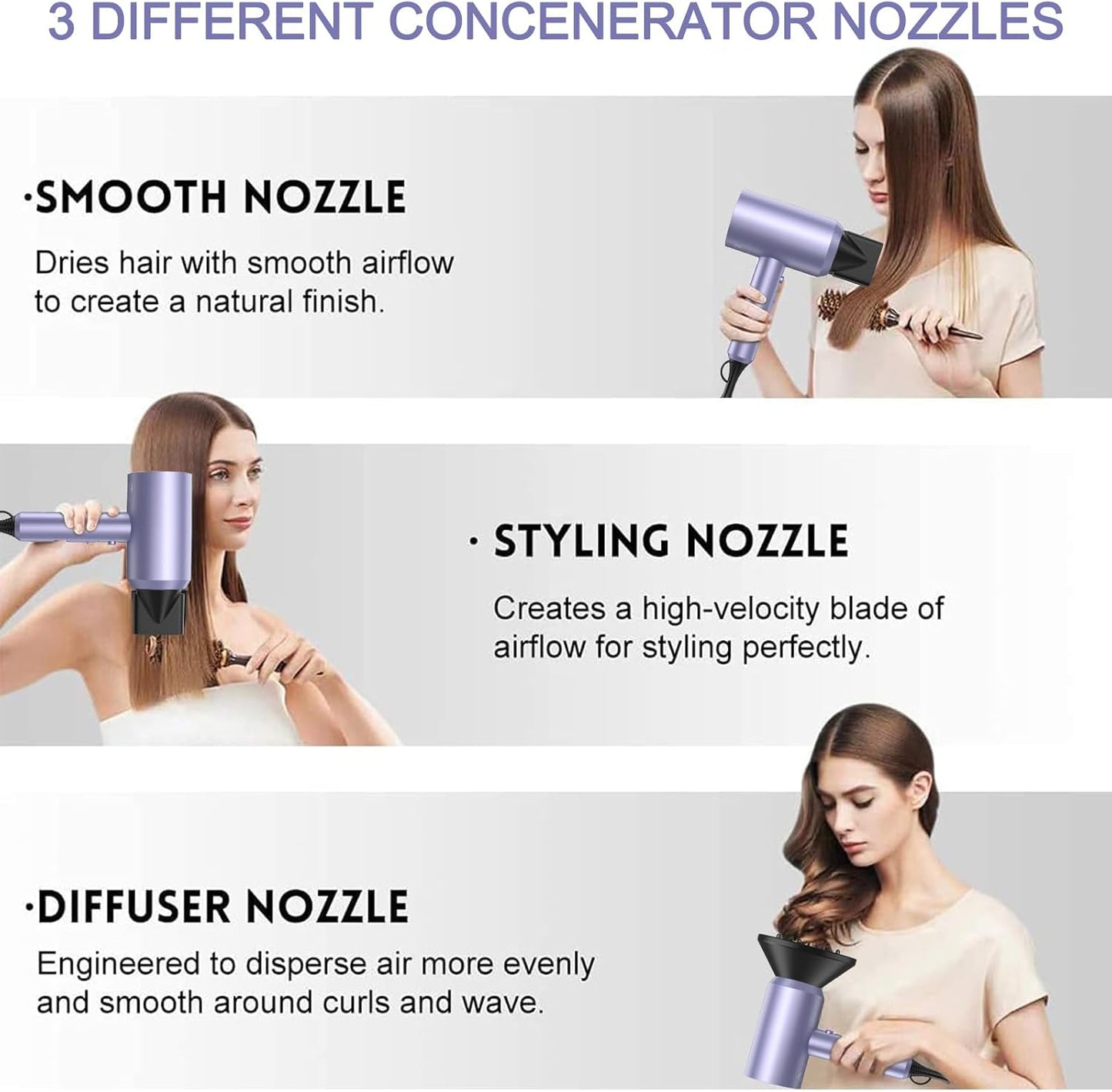 slopehill Professional Ionic Hair Dryer, Powerful 1800W Fast Drying Low Noise Blow Dryer with 2 Concentrator Nozzle 1 Diffuser Attachments for Home Salon Travel (Lavender)