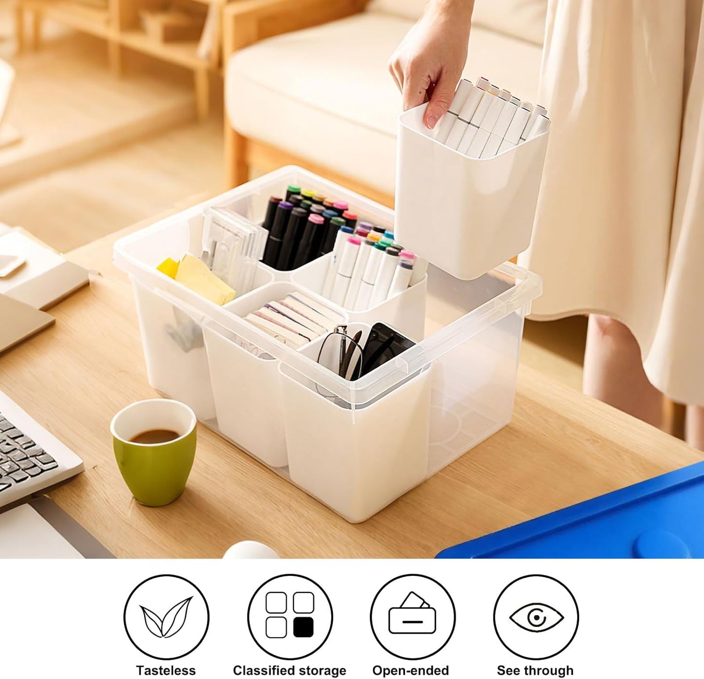loobuu Plastic Storage Bins with Lids, Art Craft Supply Organizer Box with Brush Pot, Multipurpose Stackable Storage Containers for Organizing Tool, Craft, Crayon,Sewing (Blue)