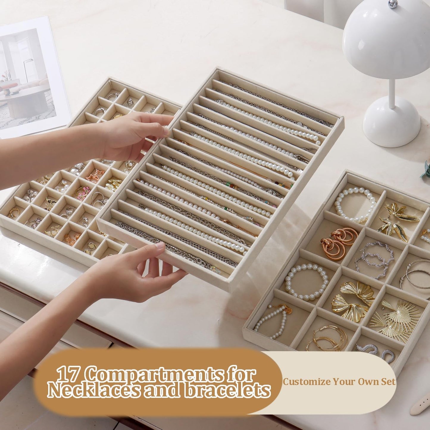 Large Jewelry Organizer for Drawer Insert Velvet Stackable Jewelry Trays for Earring Necklace Bracelet Ring Display (Beige, 16 Grids)