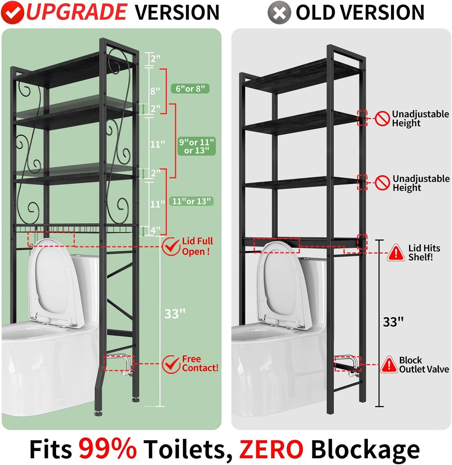 Over-The-Toilet Storage Rack 4-Tier,Bathroom Organizer Shelf Over Toilet,Adjustable Wooden Shelves and Basket,Freestanding Above Toilet Shelf,Space Saver for Rooms(Black Rack-Black Shelves)