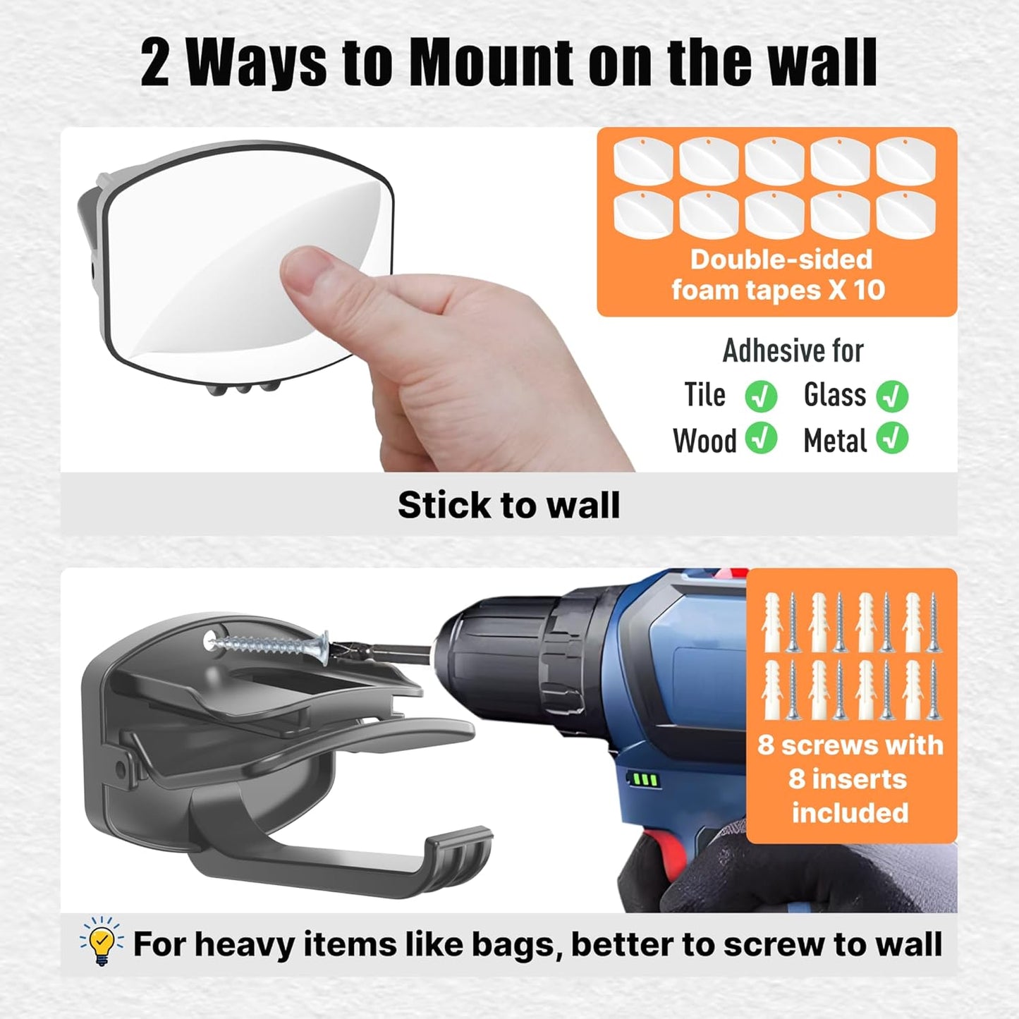 8 Packs Hat Organizer ，Holds 40 Hats with Built-in Spring Clips & Hook for Baseball Caps - Wall Mount Closet Hat Rack Holder, Storage for Door/Closet Hat Hanger (Strong Adhesive & Screws)