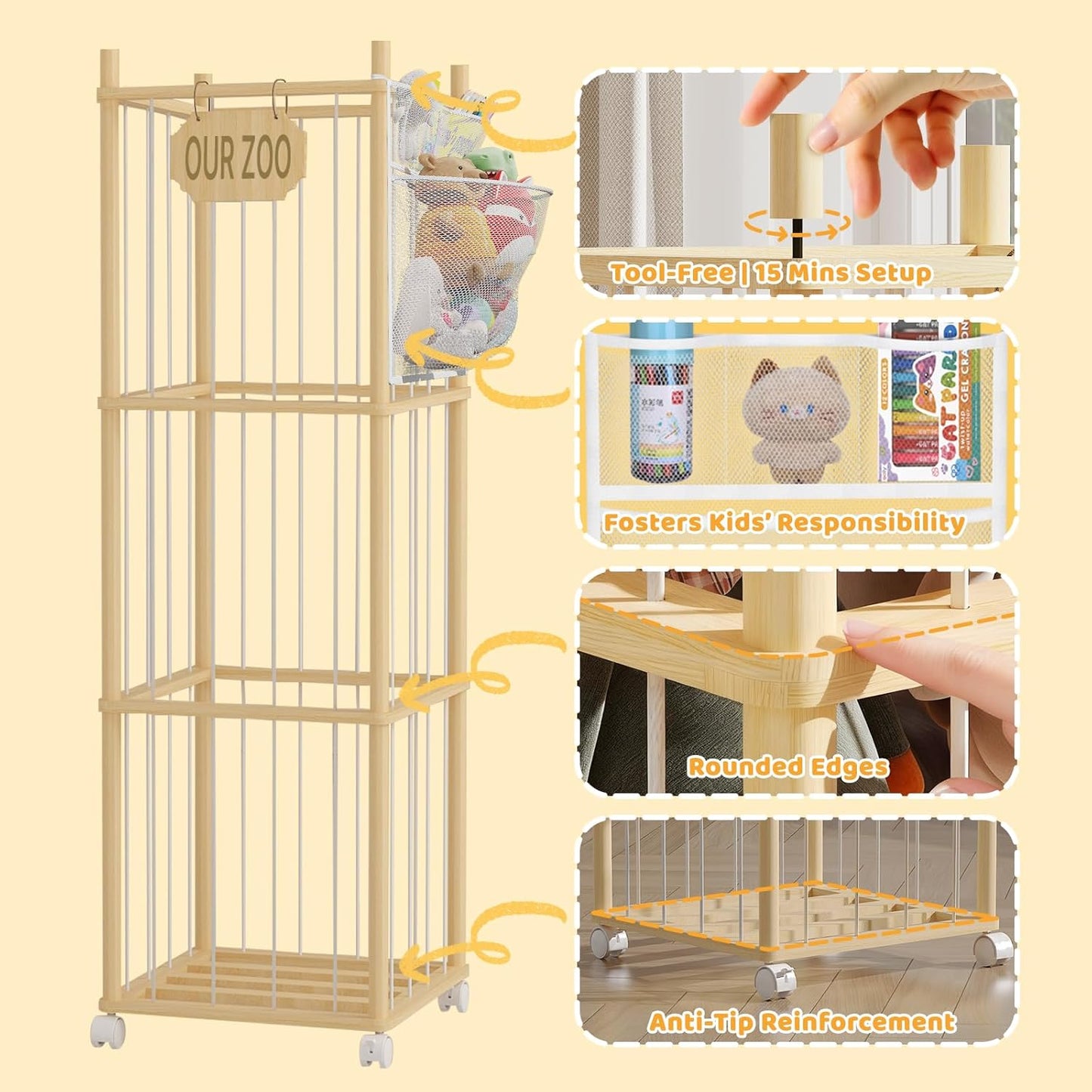 Stuffed Animal Storage, Wood Stuffed Animal Zoo with Wheels & Net, Toy Storage Organizer with Elastic Band, Large Capacity Toy Holder for Nursery, Playroom (3layers)