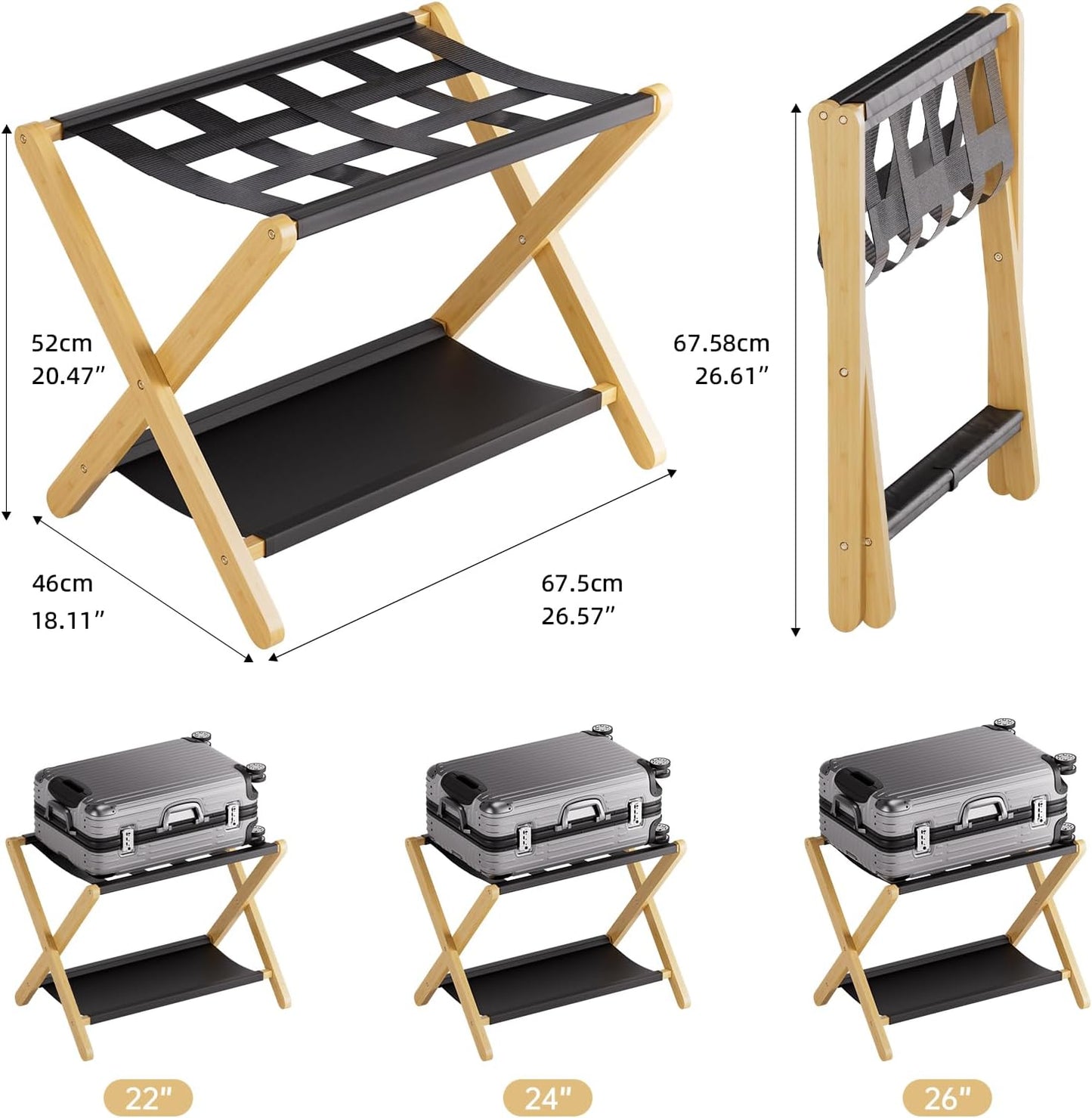 HITNET Luggage Rack 2 Pack, Folding Suitcase Stand for Guest Room, Bamboo Luggage Holder with Storage Shelf for Hotel Bedroom, Natural