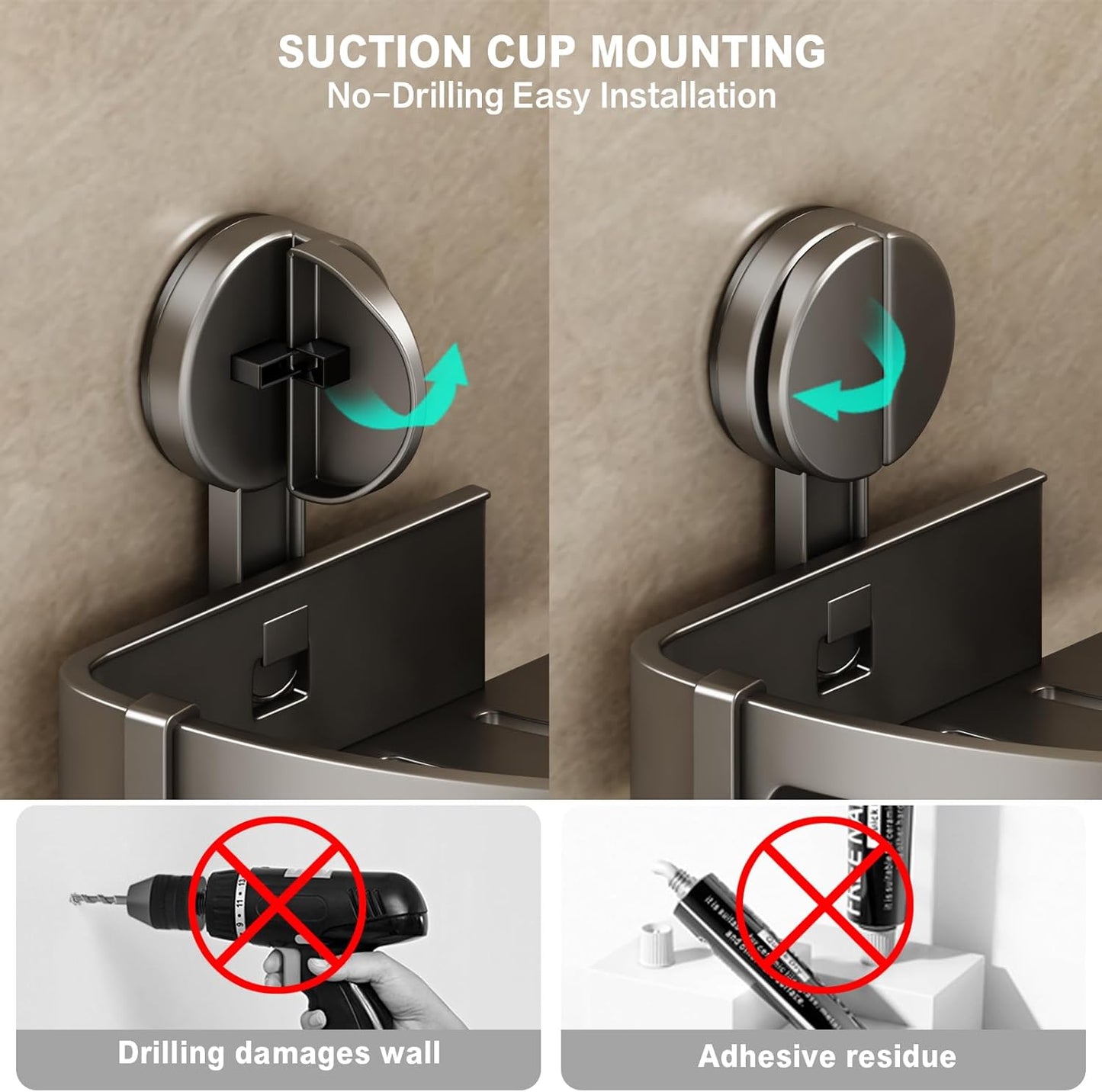 VOLPONE Shower Caddy Suction Cup, 1 Pack Corner Shower Shelves No Drilling, Showers Organizer Storage with Towel Bar & Removable Hooks, Bathroom Shower Shelf Rack for Inside Showers, Triangle