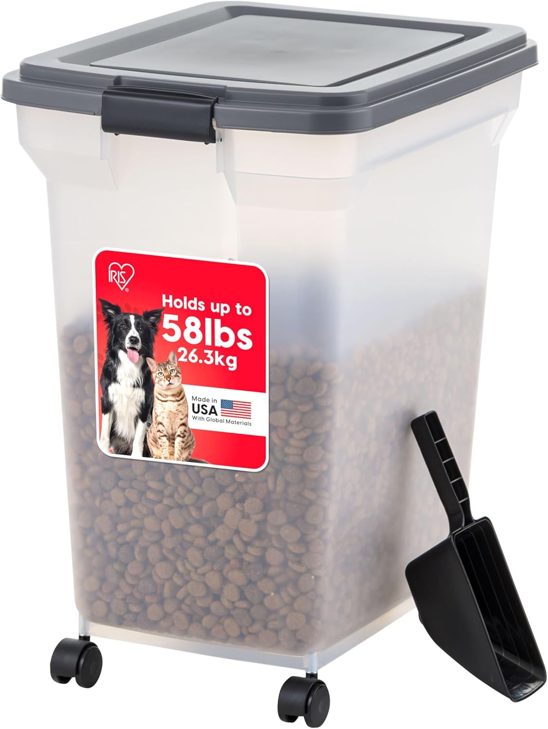IRIS USA Dog Food Storage Container 58 lbs, Attachable Wheels, & Included Scoop, for Dog Cat Birds and other Pets, Food Storage Bin, Keep Fresh, Easy Mobility, BPA Free - Made in the USA, Dark Gray