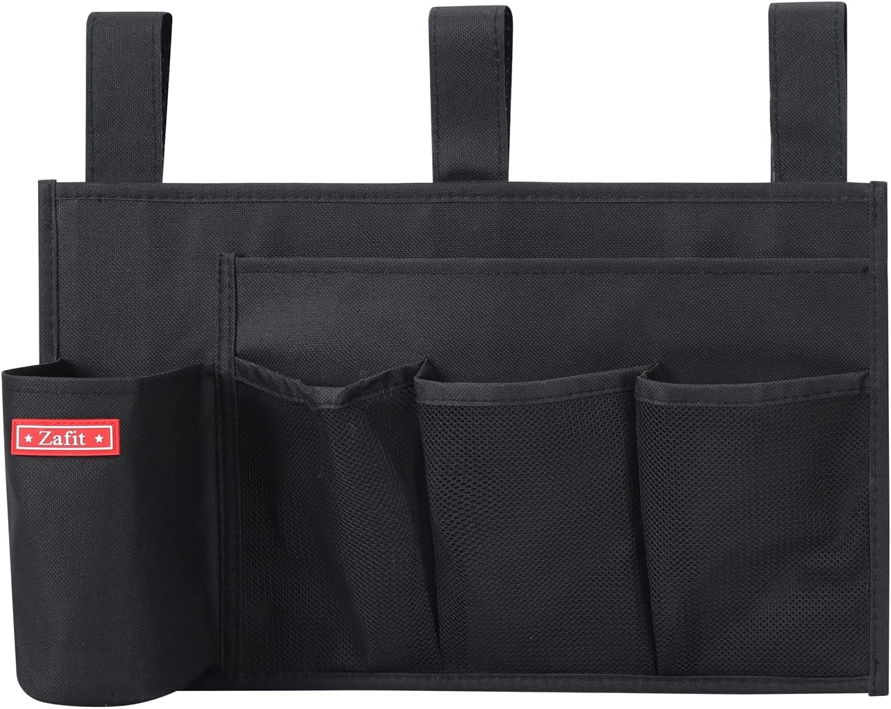 Hanging Bedside Caddy, Bedside Storage Organizer for Magazine, Phone, Remote control (5 Pockets-Black)