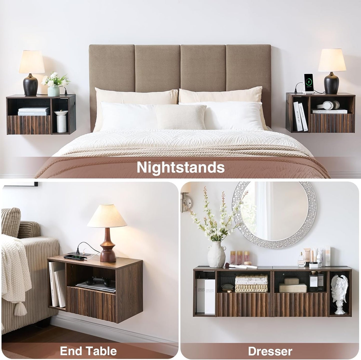 Modern Walnut Fluted Floating Nightstand with Charging Station, NightStand with Drawers, Bedside with USB Ports and Outlets, Bedroom Furniture (Left)