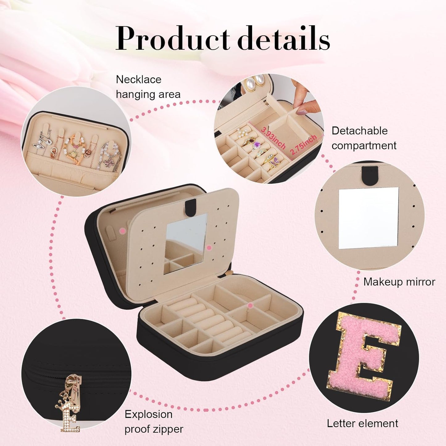 TopPerfekt Travel Jewelry Case, Jewelry Box with Mirror, Jewelry Organizer Bridal Shower Gifts to Her, Earring Storage Travel Case, Trendy Gift for Women and Girls, Girlfriend-Letter E, Black