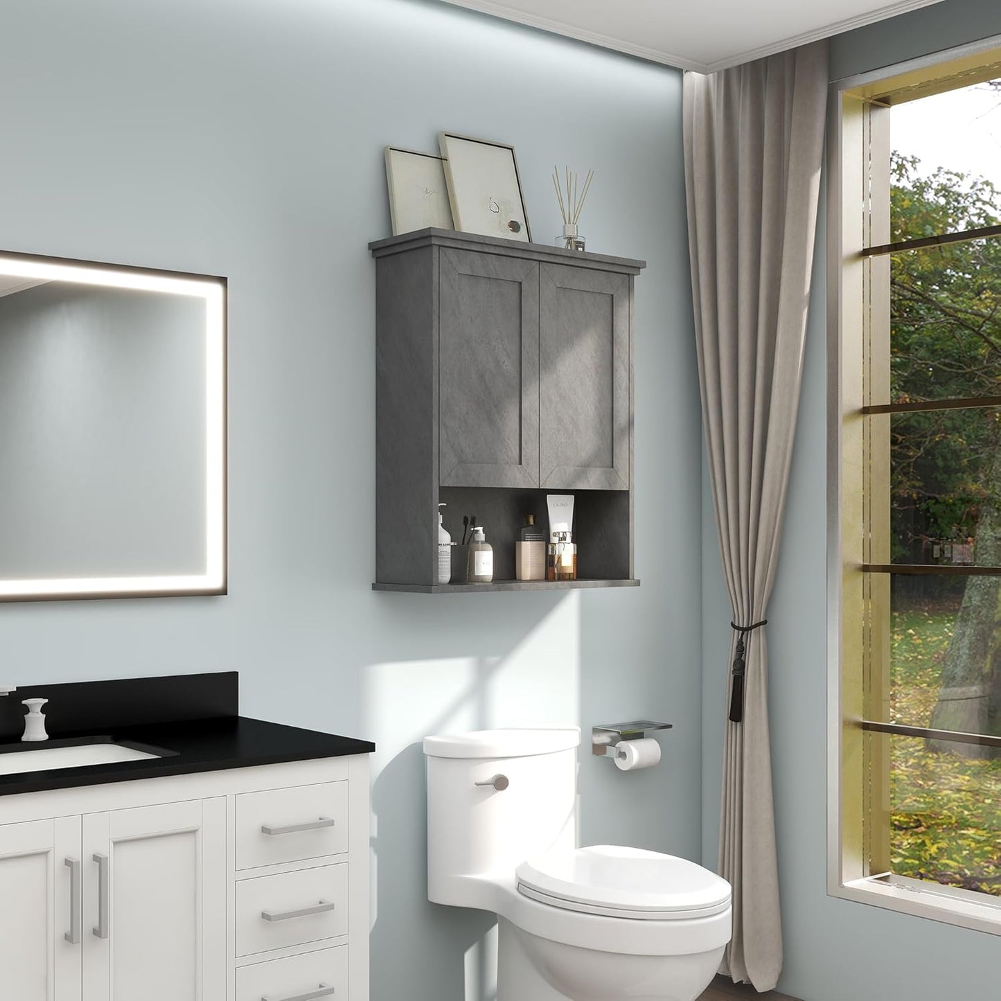 Bathroom Wall Cabinet Over Toilet Storage Cabinets 25x30 in Above Toilet Wood Medicine Cabinets for Bathroom Wall Mounted Cabinet with 2 Door & Adjustable Shelf Texture Grey