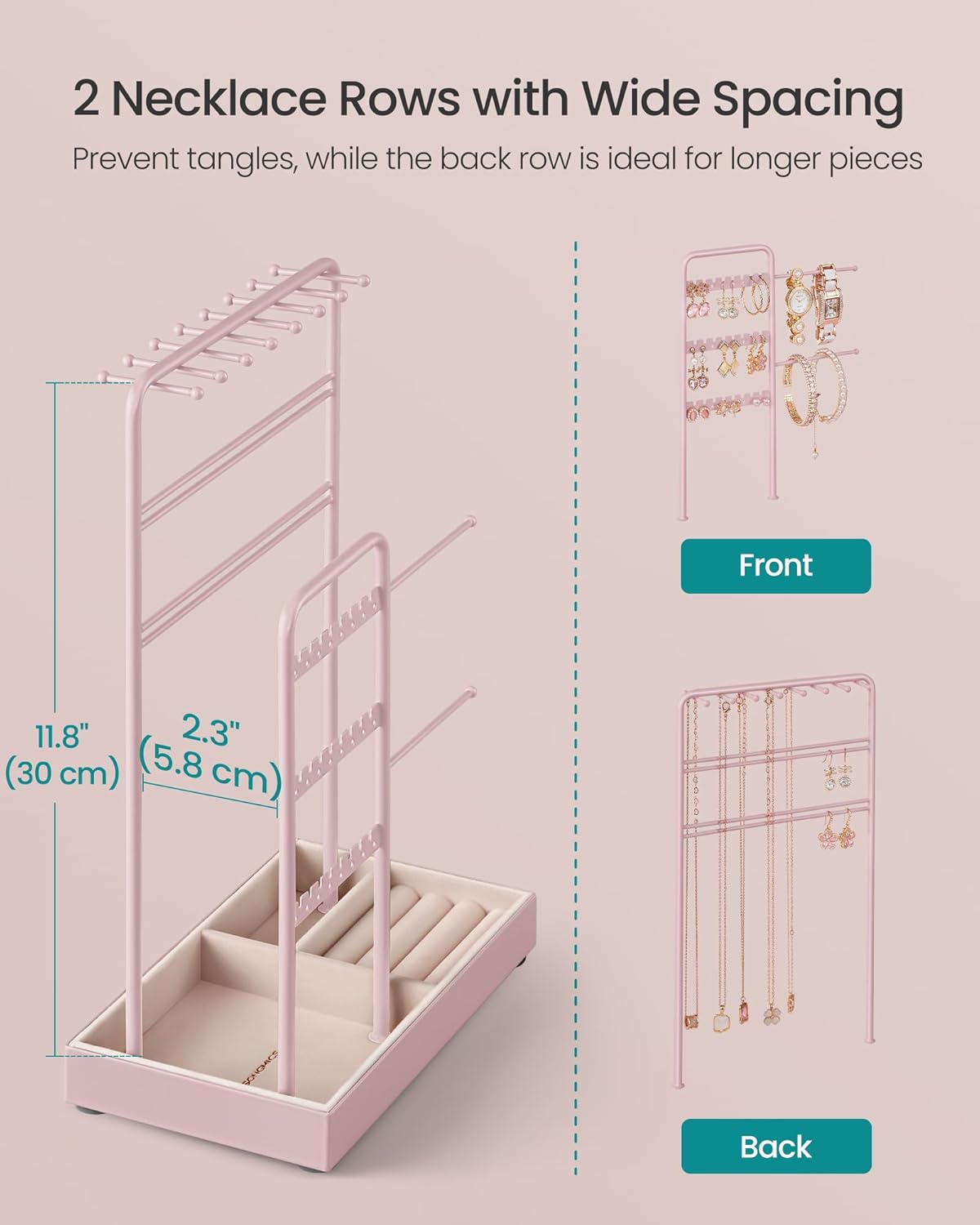 SONGMICS Jewelry Holder, Jewelry Organizer, Jewelry Display Stand with Metal Frame, Velvet Tray, Necklace Earring Bracelet Holder, for Studs, Rings, Christmas Gift, Jelly Pink UJJS021R01