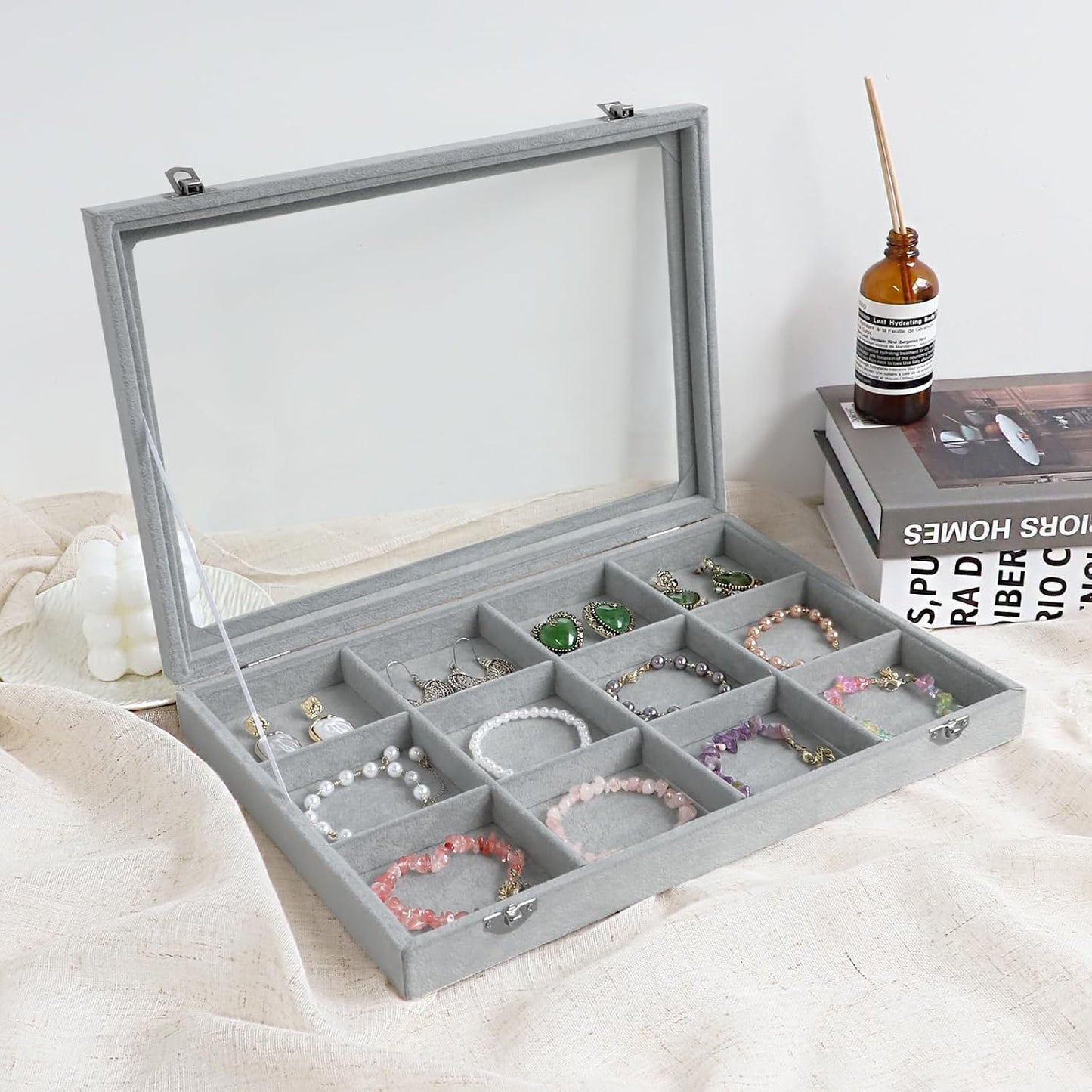 Wudygirl 12 Grid Jewelry Organizer Velvet Jewelry Tray with Clear Lid Jewelry Box Bracelet Holder Display Case Storage Bracelets Rings Earrings Organizer (12 Grid)