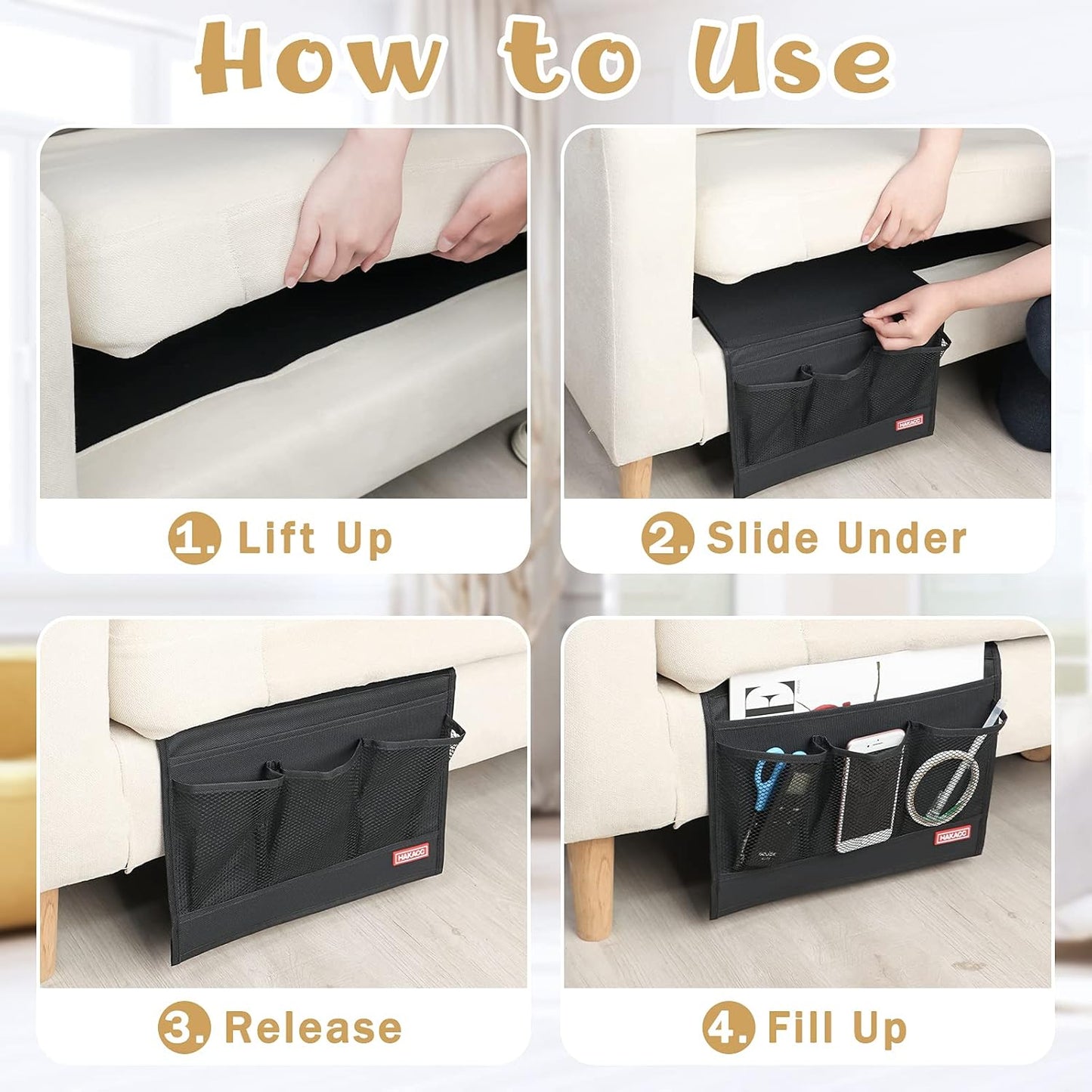 HAKACC Bedside Storage Organizer with Pockets，Bedside Caddy,Remote Control Holder Armchair Couch Caddy Sofa Armrest Bag，bed accessories,Black