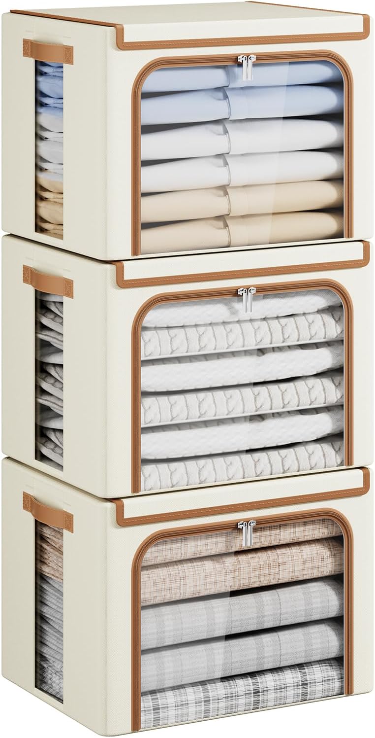 Yecaye Clothes Storage Bins with Metal Frame, Foldable Clothing Storage Bin with Lid, Stackable Oxford Fabric Organizer Box With Clear Window & Zippers & PU Leather Handles (3 Pack,Beige,40L)