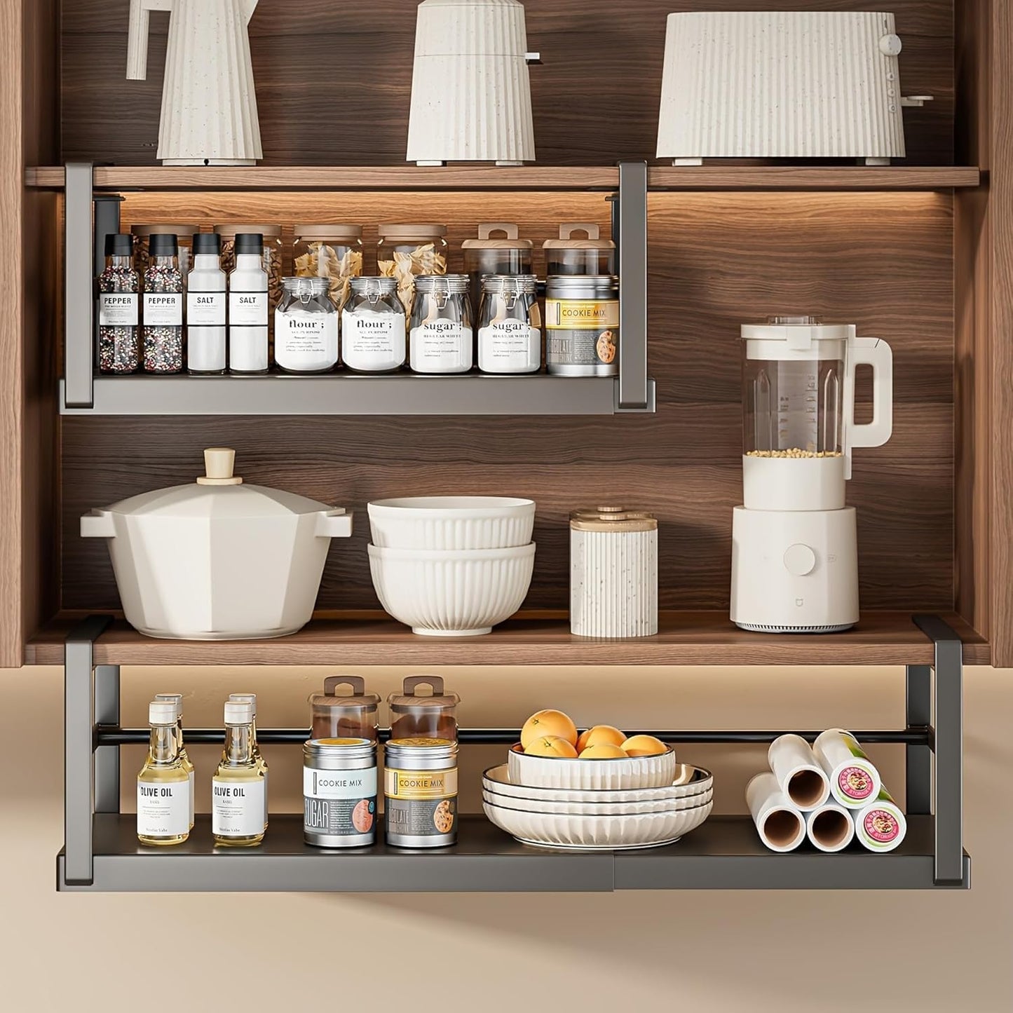 Hanging Under Shelf Storage Basket, Adjustable Width Under Cabinet Add-on Storage Racks, Heavy Duty Slide-in Baskets Organizer for Cabinet Pantry Kitchen, 1 Pack, 8.46"D x 17.7"W x 7.36"H