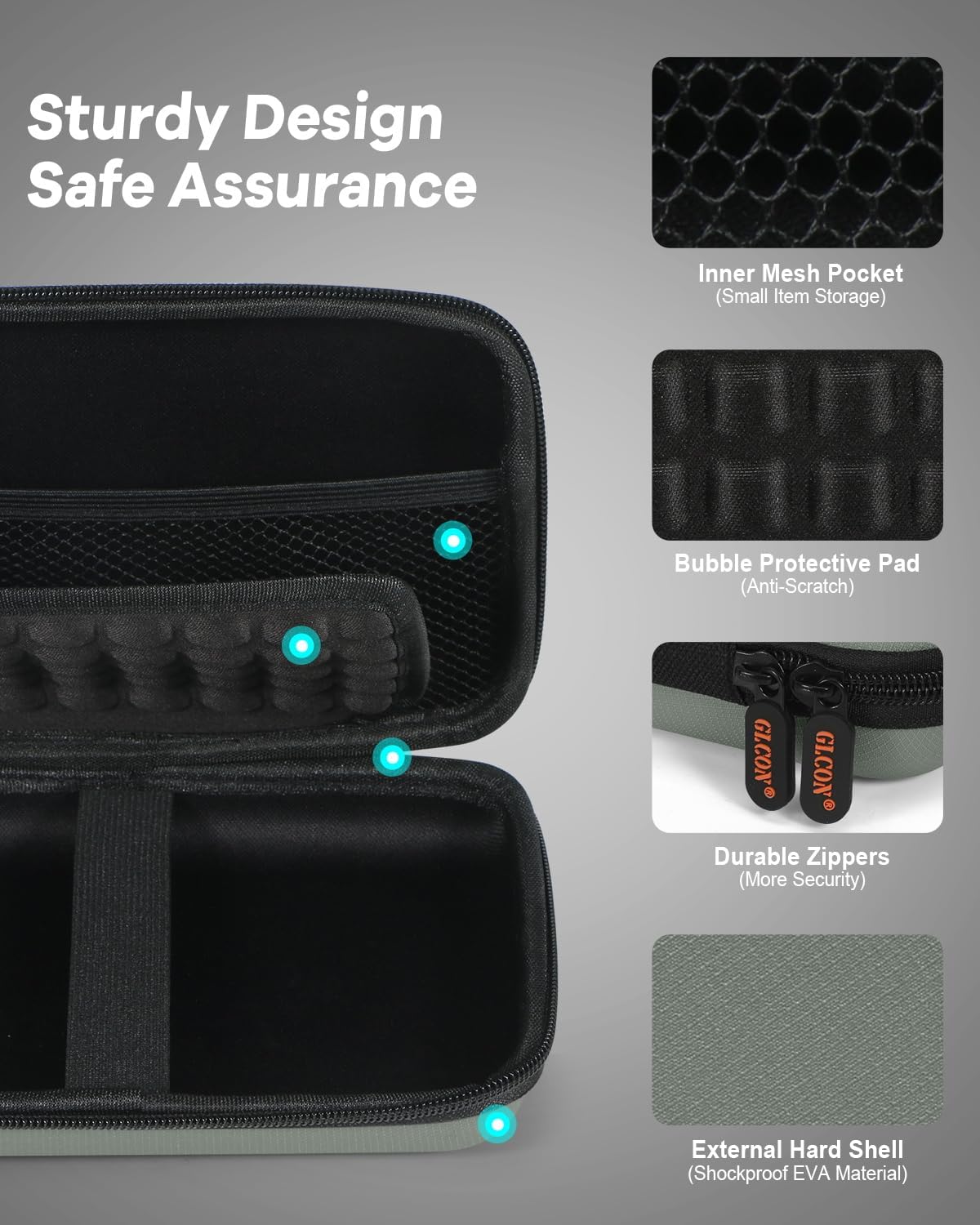 Gray-Green Hard Shell Carrying Case for External Hard Drive, Hard Disk, Power Bank, Charger, Cable, Cell Phone, Electronic Accessories - Larger Capacity Storage Pouch Shockproof Travel Case Bag