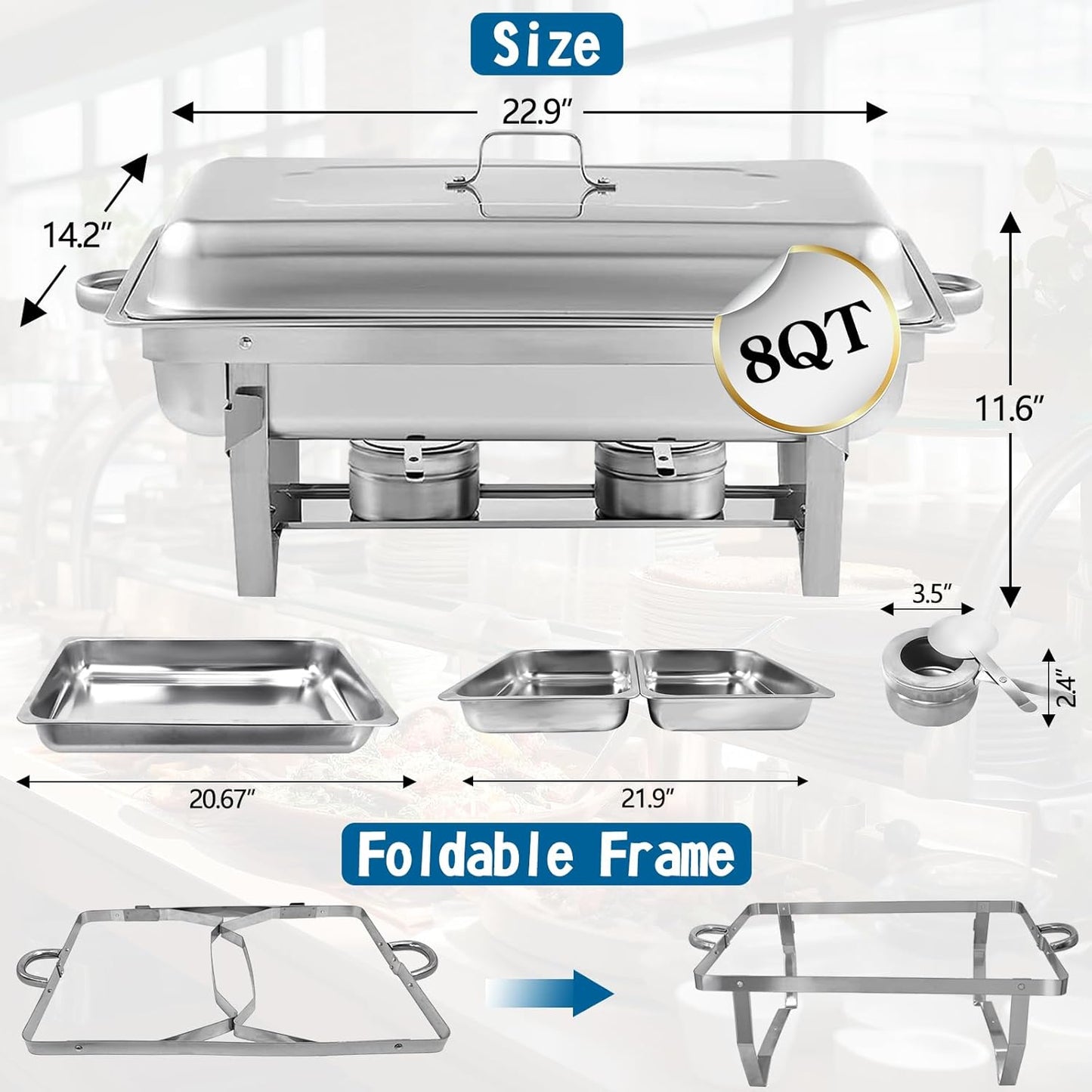 Chafing Dish for Buffet, 8 Pack Stainless Steel Chafing Servers Food Warmer Set with 8QT Half Size Food Pan for Kitchen Party Banquet Dining