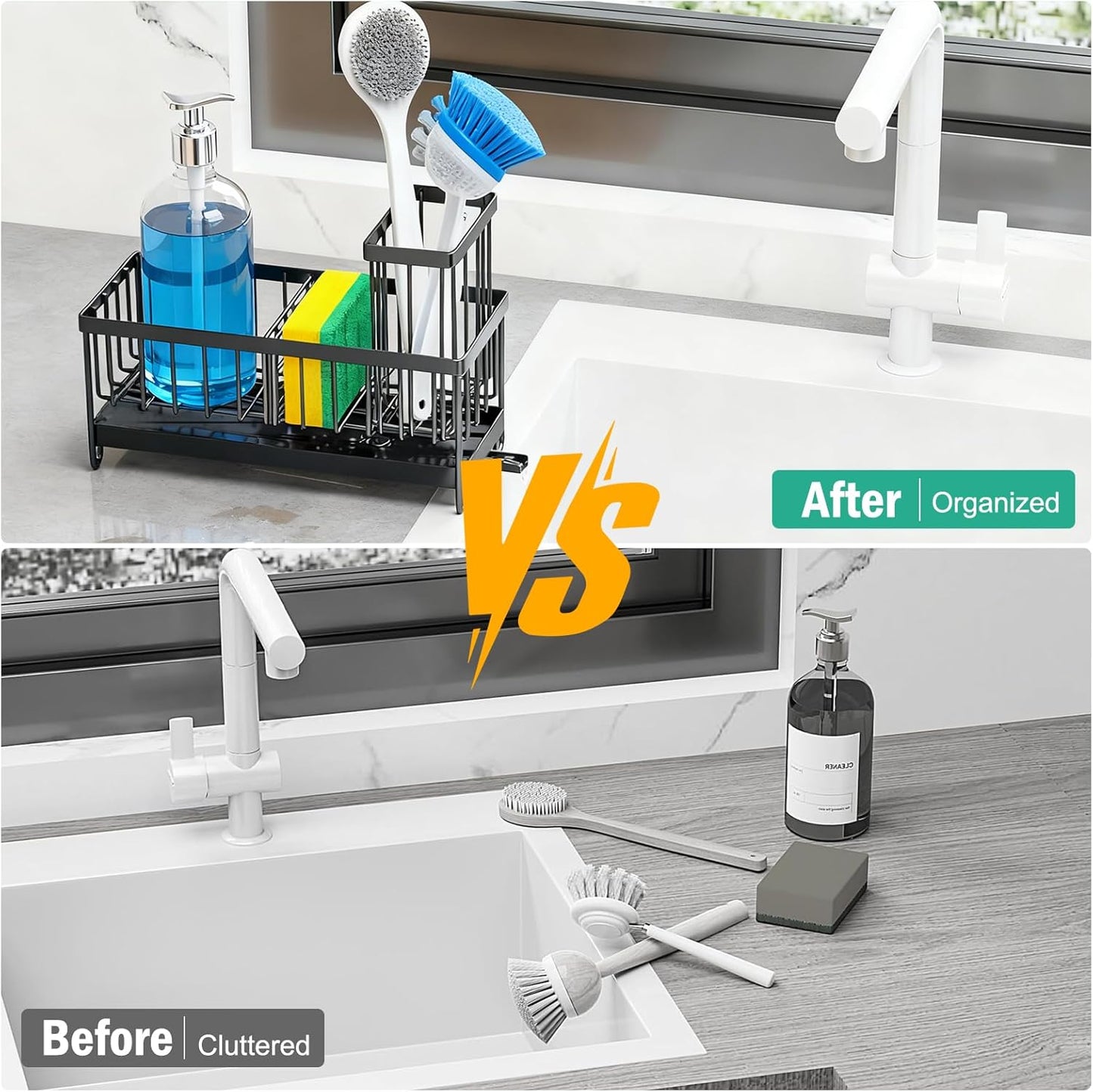 Sponge Holder for Kitchen Sink, Sink Caddy Organizer with High Brush Holder & Auto-Drain Tray, Rustproof Stainless Steel Countertop Storage for Soap Dispenser and Dish Brush, Fast Local Shipping