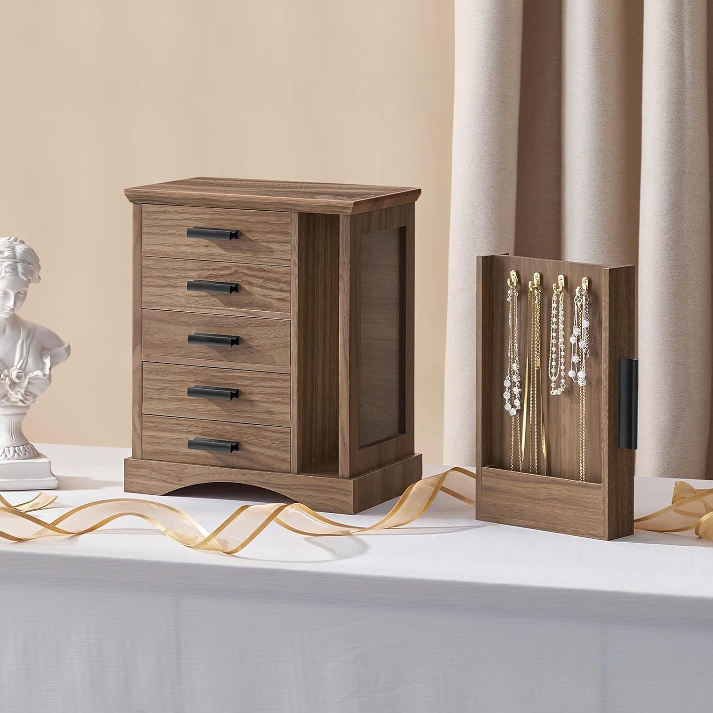 HOOBRO Jewelry Box for Women, Jewelry Organizer with Arc-Shaped Bottom, Wooden Jewelry Box, Side Transparent Window, Vertical Storage, for Earring, Necklace, Bracelet, Ring, Walnut and Black BH13JB04