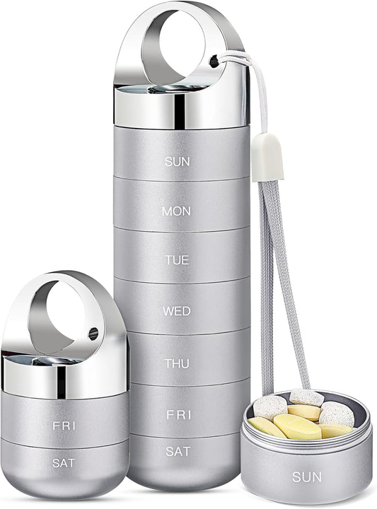 Zannaki Metal Travel Pill Organizer, Portable Waterproof Weekly Pill Box, Large Aluminum Alloy Pill Case Container, BPA Free 7 Day Daily Medicine Organizer Holder for Vitamin, Fish Oil, Supplement