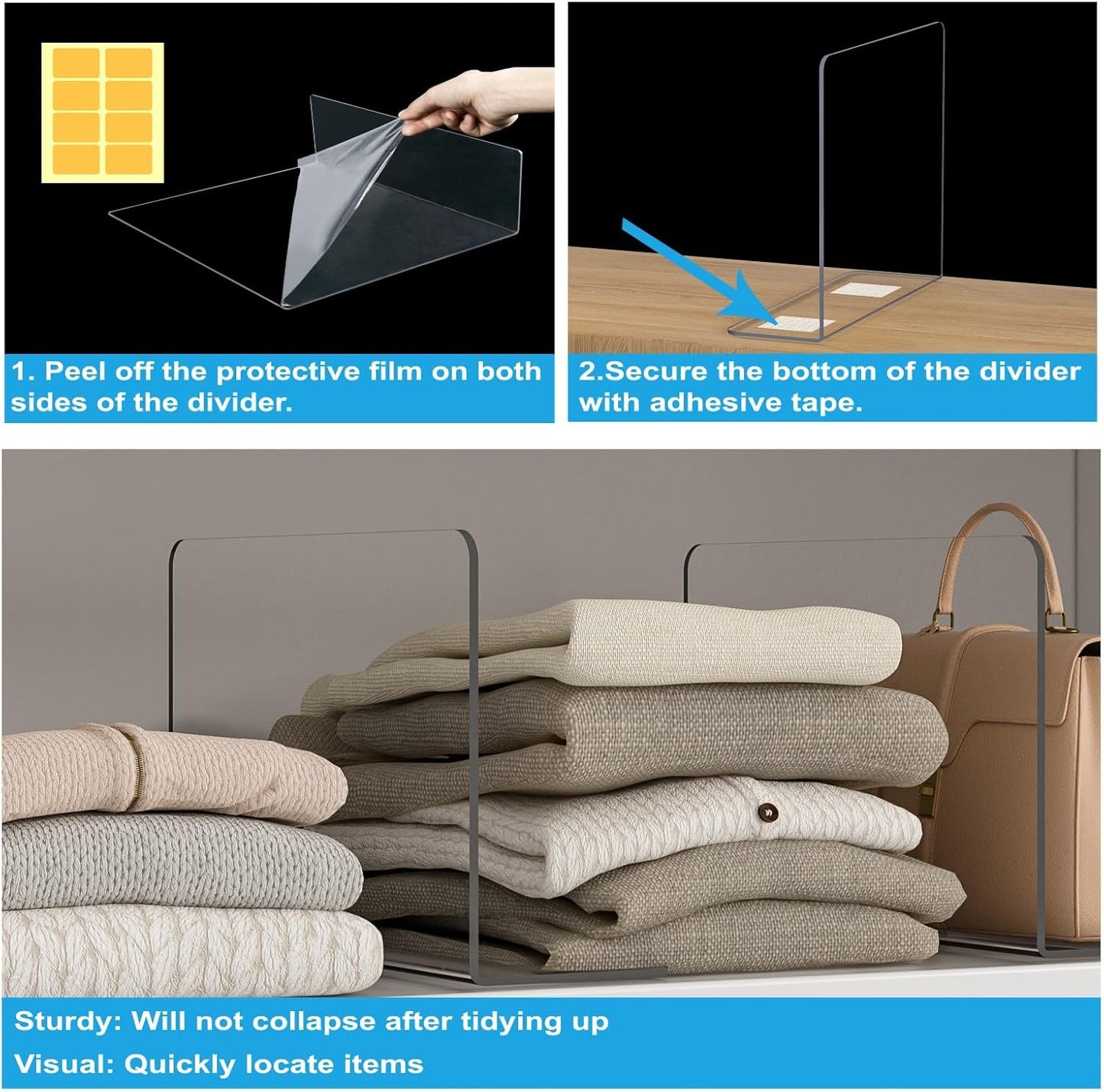 OKPOW Shelf Dividers Closet Organizer - 7.5" Tall X 11.8" Deep Acrylic Clear Sturdy Separate for Clothes Purse - Adjustable Space Saver Easy Install for Home Organization Enthusiasts 4 Pack