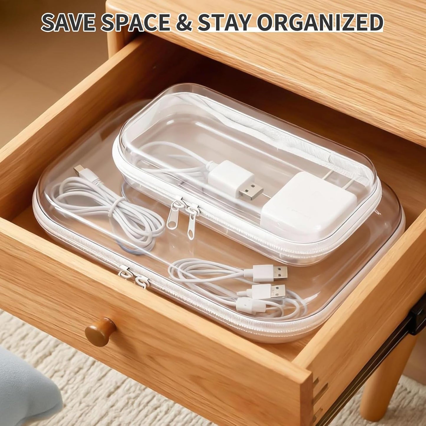 2 PCS Clear Electronics Organizer Travel Case, Waterproof Cable Storage Box with 8 Wire Ties, Hard Shell Zipper Cases for Cord, Phone, Airpods, Mouse, Toiletry Pouch, Cosmetic Bag, Medium & Small