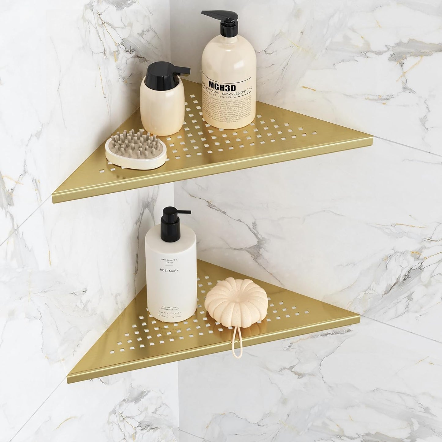 Corner Shower Shelves, 10” Recessed Tile Shower Shelf Brushed Golden, 304 Stainless Steel Grout in Corner Tile Shower Shelves, No Drilling, 2 Pack
