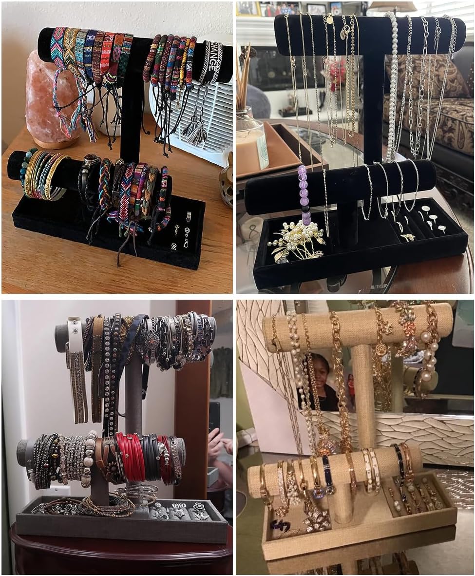 Coward 2 Tier Necklace Bracelet Holder Organizer with Ring Tray, Linen Jewelry Display Stand for Watch Scrunchie Lipstick, Perfumes,Nail polish (Gray Linen)