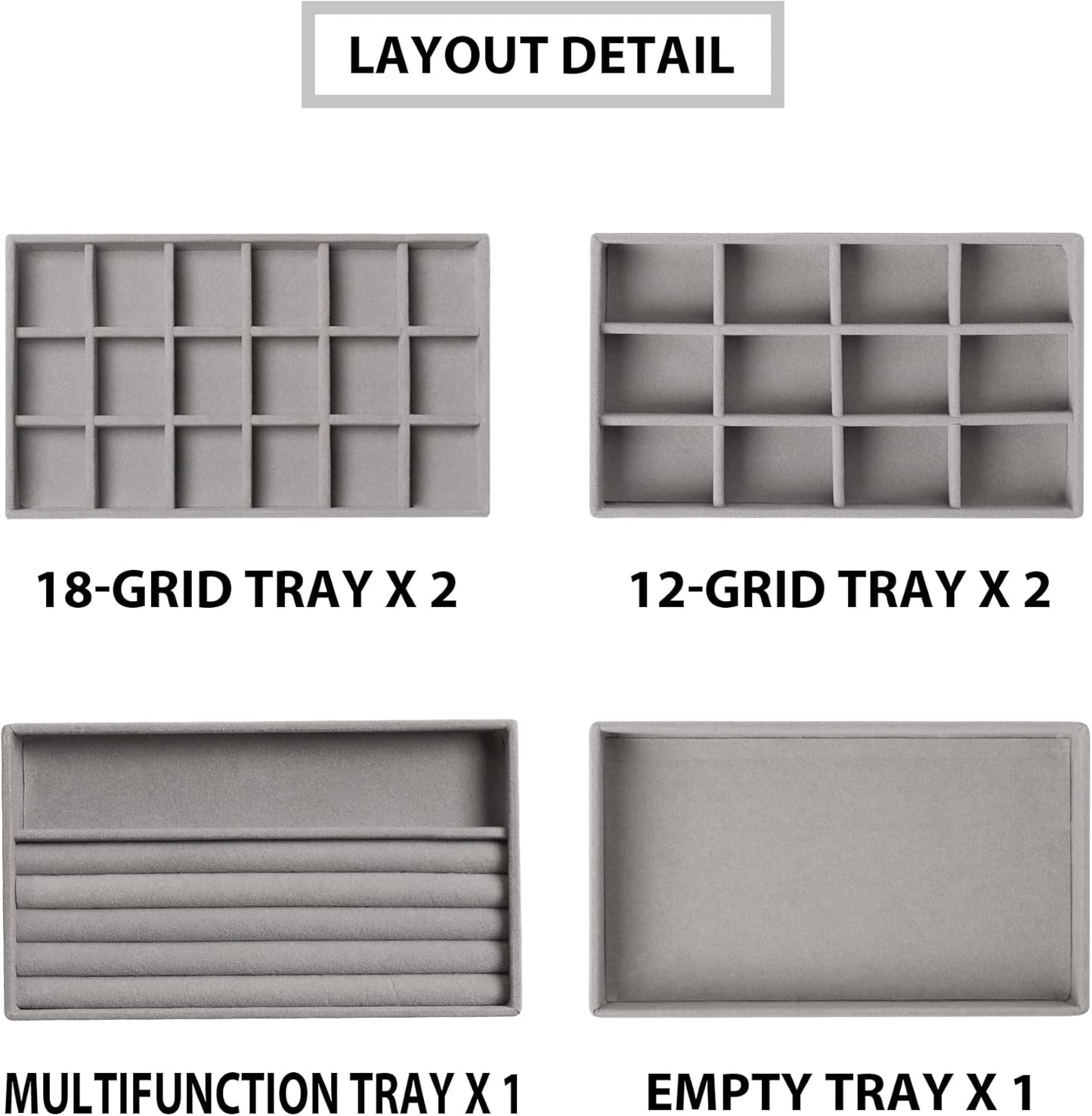 Frebeauty Jewelry Organizer Tray,Stackable Velvet Jewelry Trays,Drawer Inserts Earring Organizer For Women Jewelry Storage Display Case for Rings Stud Necklaces,Set of 6(Grey)